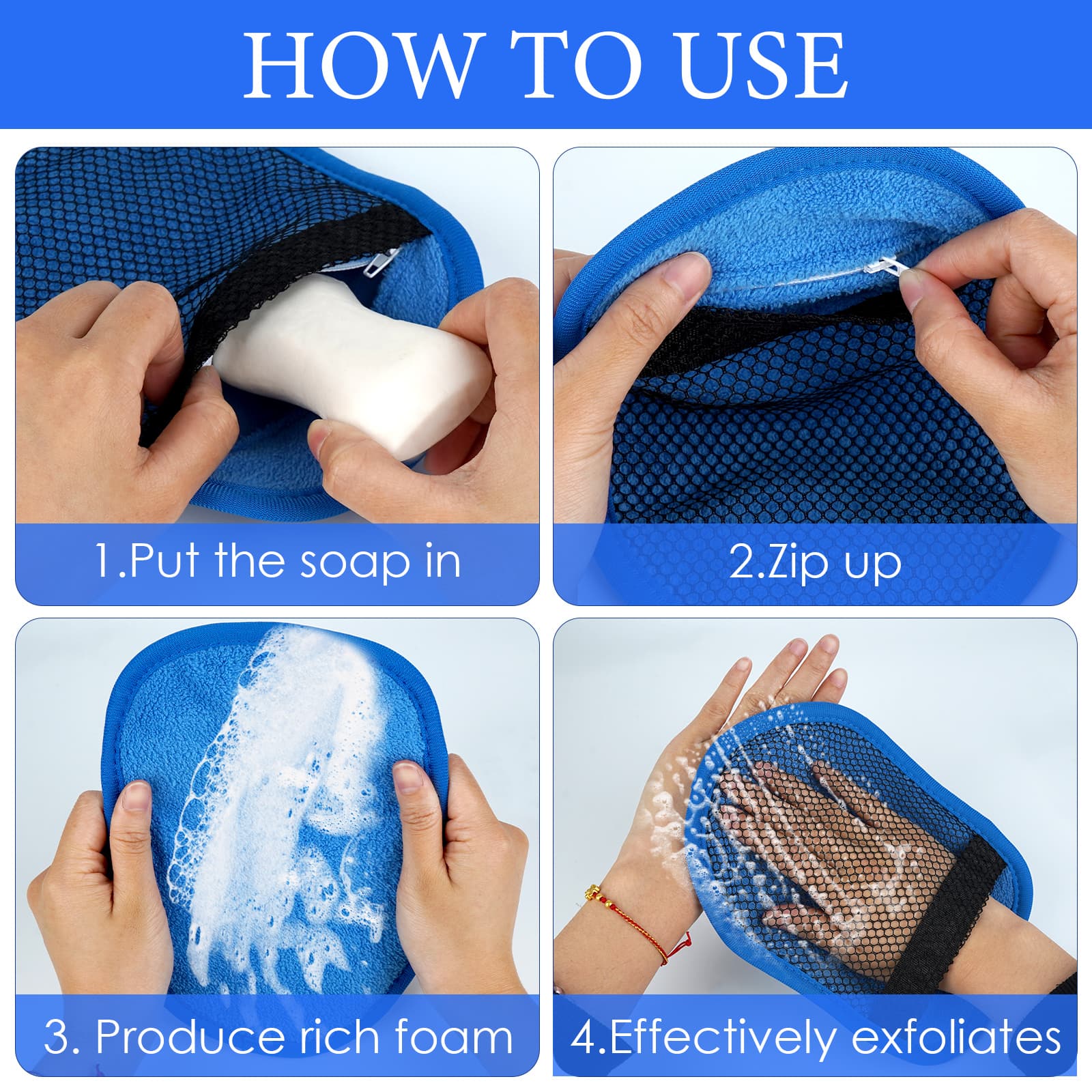 ReignSword 2 Pack Velvet Soap Bag, Exfoliation for Bath or Shower, Foaming and Drying The Soap, Bar Soap Pouch Scrubber for Men and Women (Blue) - 2