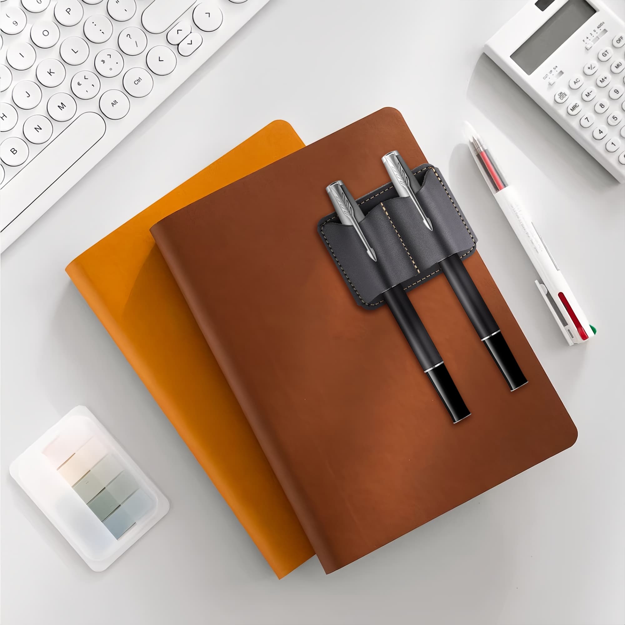 ReignSword Vegan Leather Pen Holder for Notebook, Pack of 4 Portable Pen Holder Organizers, Double Slot Pencil Pen Sleeve for Journal, Book, Clipboard - 5