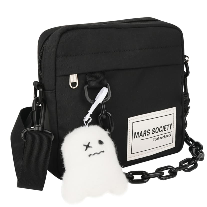 ReignSword Small Crossbody Messenger Bag for Women Men, Cute Nylon Shoulder Purse Bag with Detachable Ghost Pendant, Black
