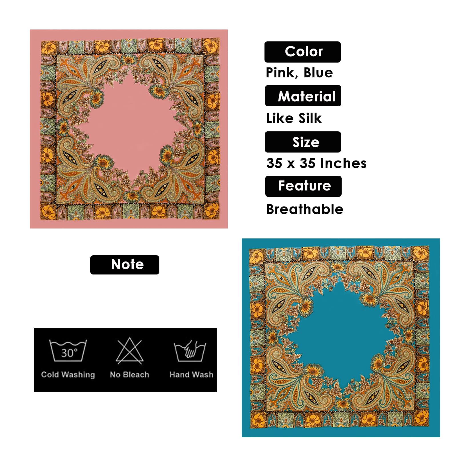 ReignSword 35” Large Square Head Scarf for Women, 2 Pcs Like Silk Hair Fashion Scarves, Silk Bandana Scarf for Hair Wrapping (Pink, Blue) - 5