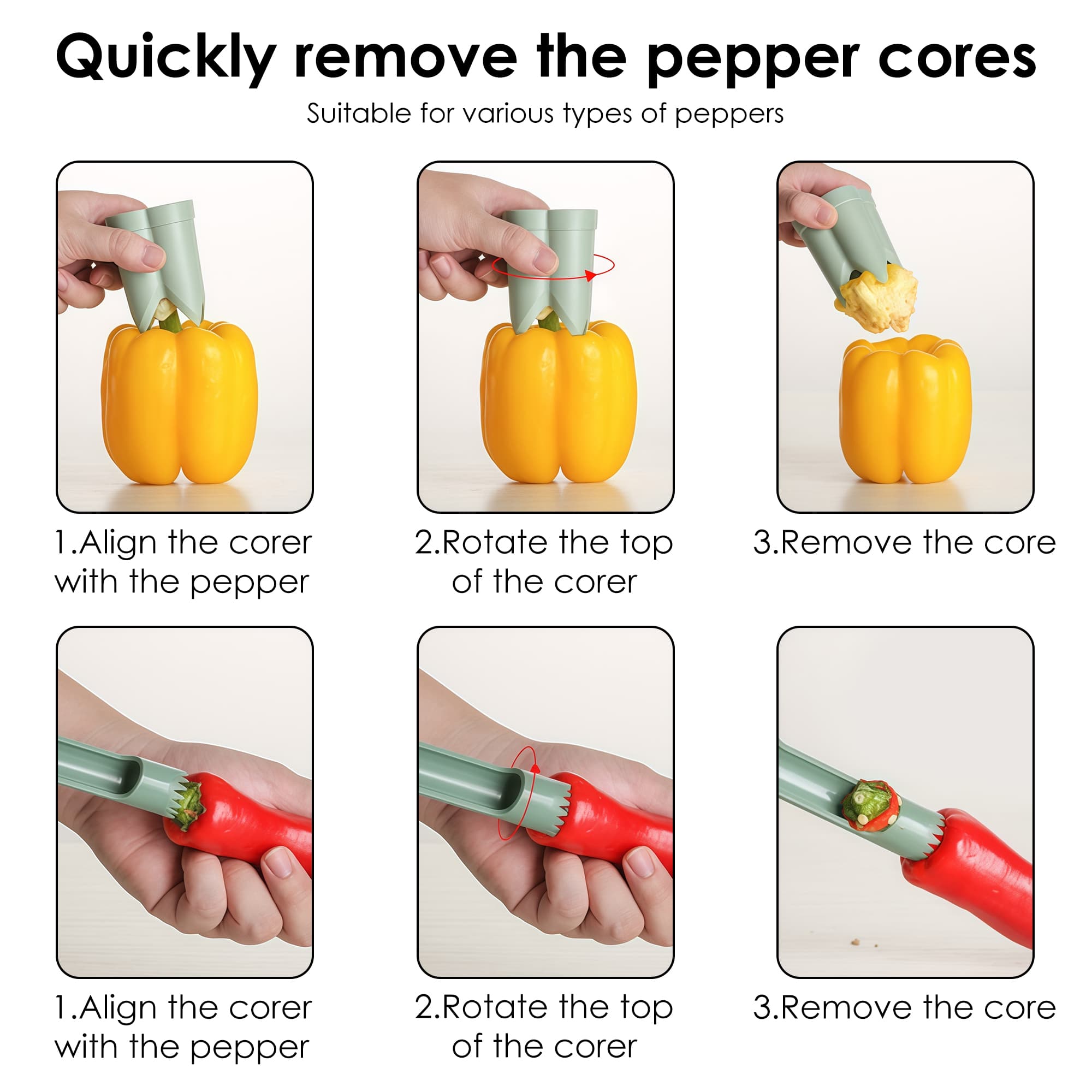 ReignSword 2 Pack Pepper Corer and Corn Peeler Set, Quick Deseeding & Cob Stripping Gadget, Bell Pepper Corer Seed Remover and Corn Thresher Kitchen Tool (Green, Beige) - 3