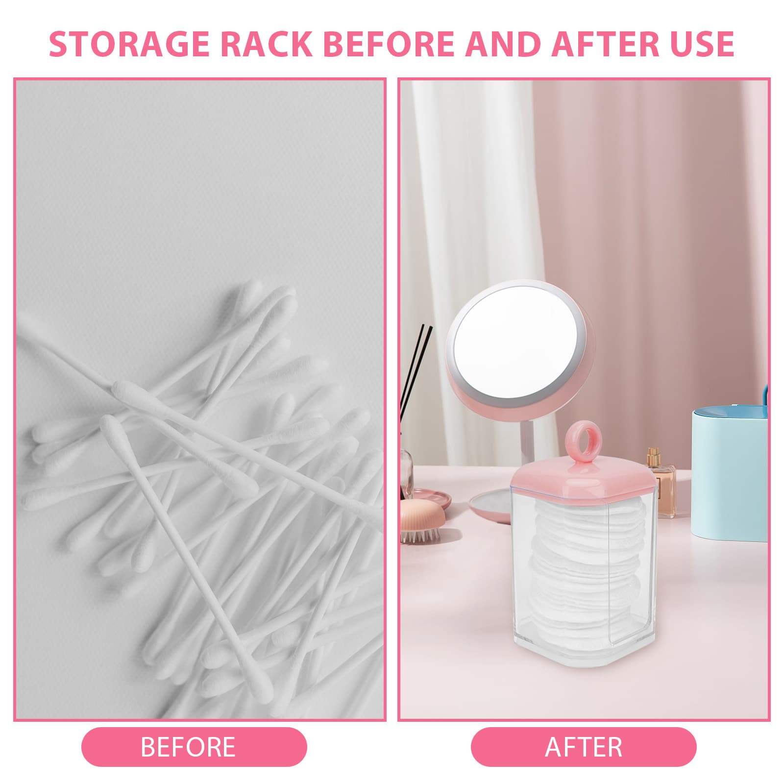 ReignSword Double Layer Cotton Swab Holder Dispenser, Plastic Storage Containers with Lid for Bathroom Vanity Countertop, Clear Bathroom Canisters for Cotton Swab, Ball, Cotton Pad (Pink) - 3