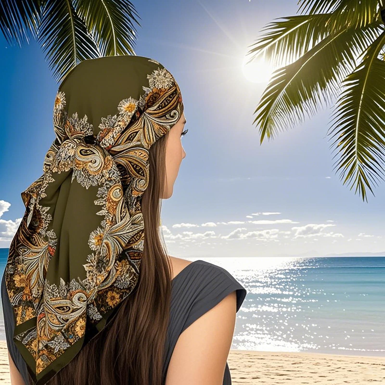 ReignSword 35” Large Square Head Scarf for Women, 2 Pcs Like Silk Hair Fashion Scarves, Silk Bandana Scarf for Hair Wrapping (Green, Yellow) - 4