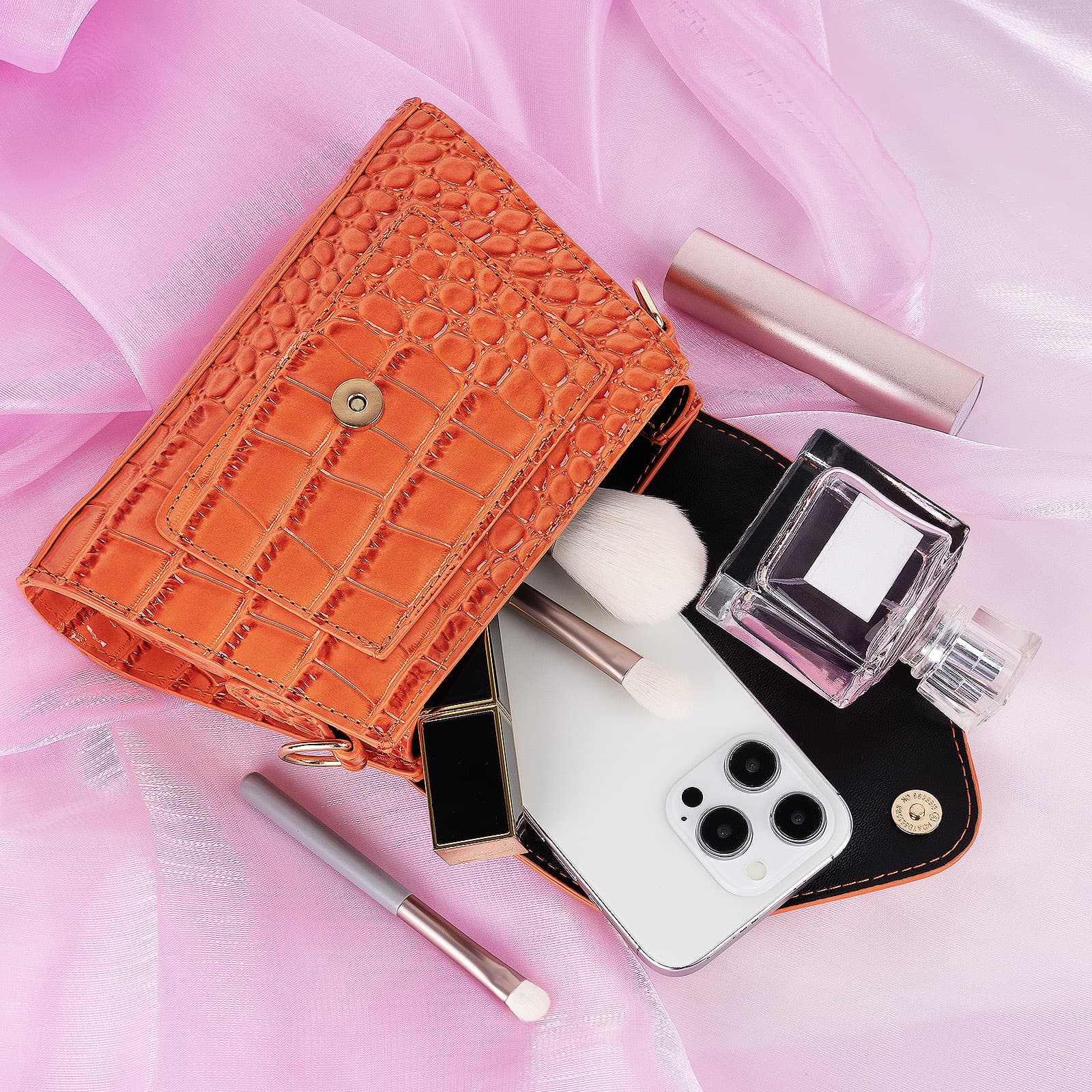 ReignSword Small Crossbody Bags for Women, Vegan Leather Crocodile Pattern Mini Purse, Trendy Clutch Top Handle Shoulder Handbag (Not Compatible with Phone) (Orange) - 2