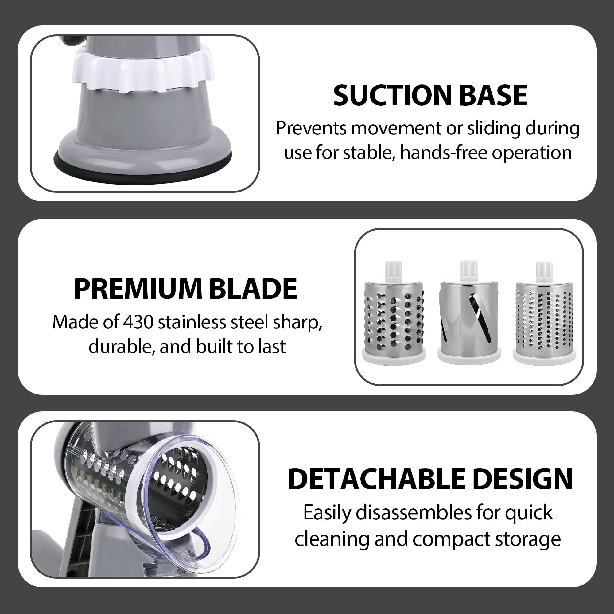 ReignSword Rotary Cheese Grater Hand Crank with Peeler, Cheese Shredder with 3 Stainless Steel Changeable Blades, Kitchen Food Slicer with Non-Slip Suction Base for Cheese Fruit Vegetables Nuts (Gray) - 2