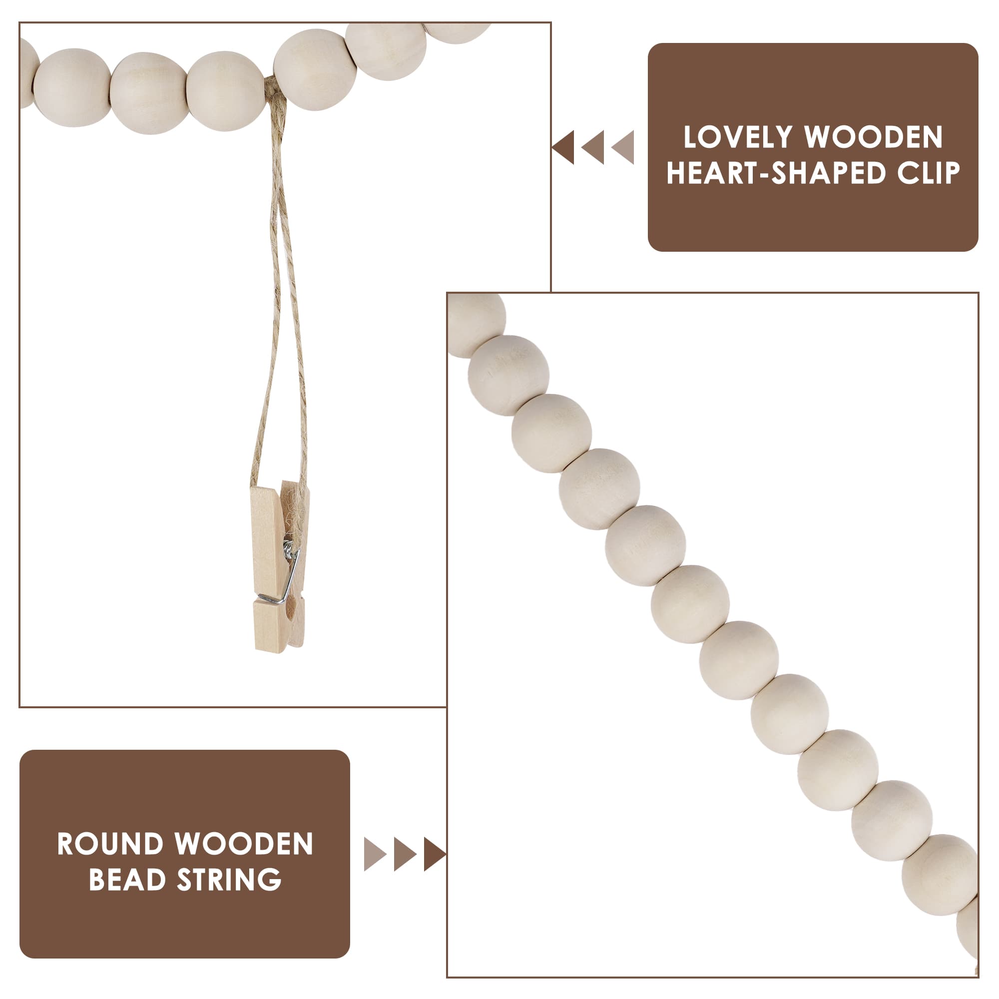 ReignSword Hanging Photo Display Stand Wall Decor with 36 Clips, Wooden Beads Display Holder for Bedroom or Office, Boho Style Photo Card Holder for Wall - 4