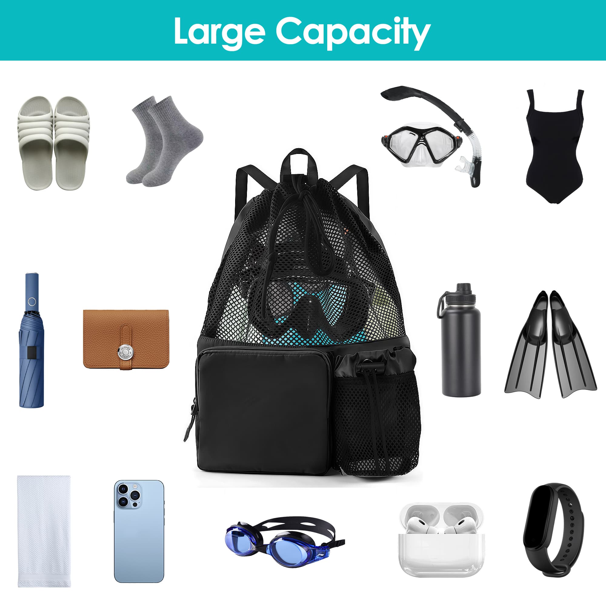 ReignSword Large Capacity Mesh Swim Backpack with Pocket Drawstring, Waterproof Beach Bag for Swimming, Gym, and Workout Gear (Black) - 2