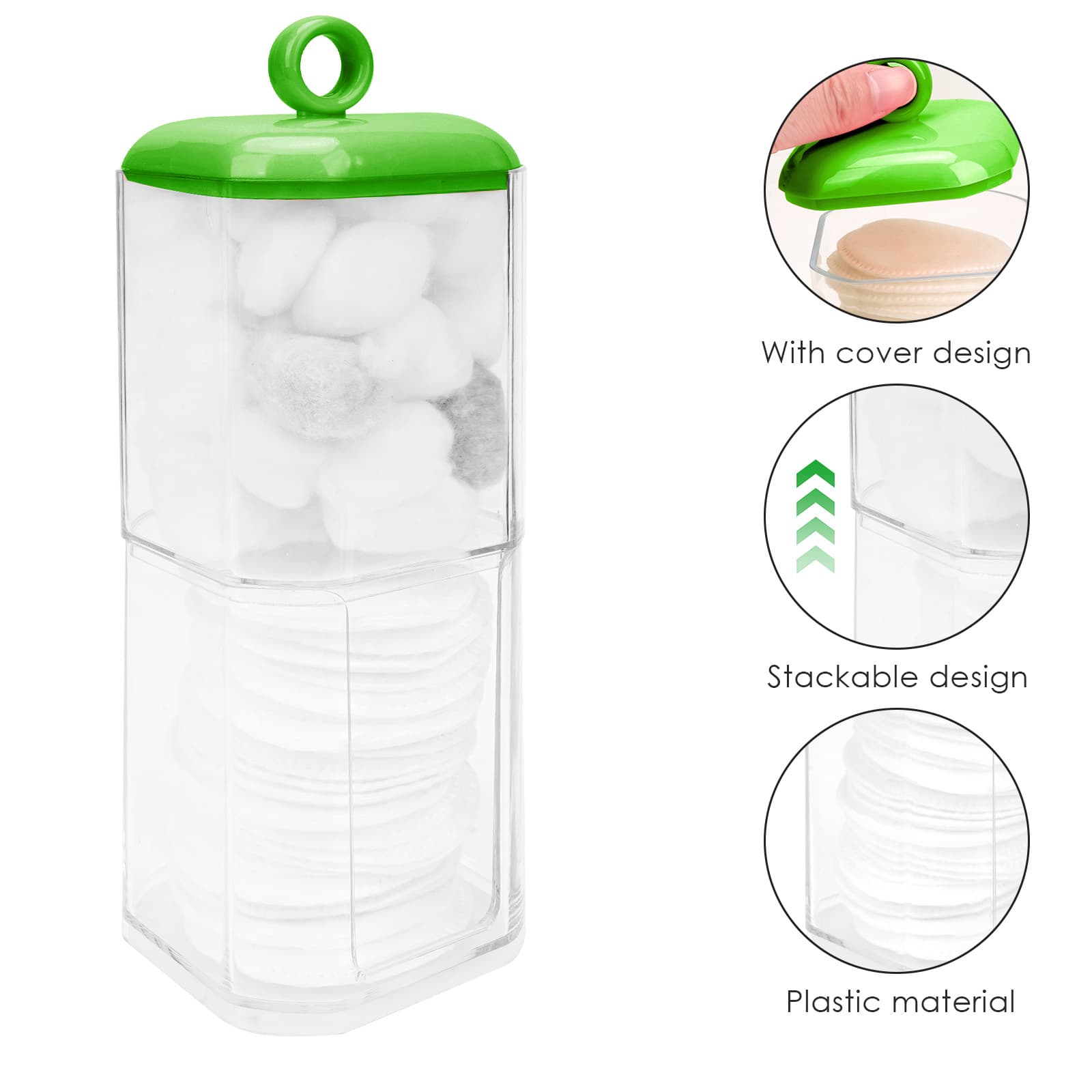 ReignSword Double Layer Cotton Swab Holder Dispenser, Plastic Storage Containers with Lid for Bathroom Vanity Countertop, Clear Bathroom Canisters for Cotton Swab, Ball, Cotton Pad (Green) - 1