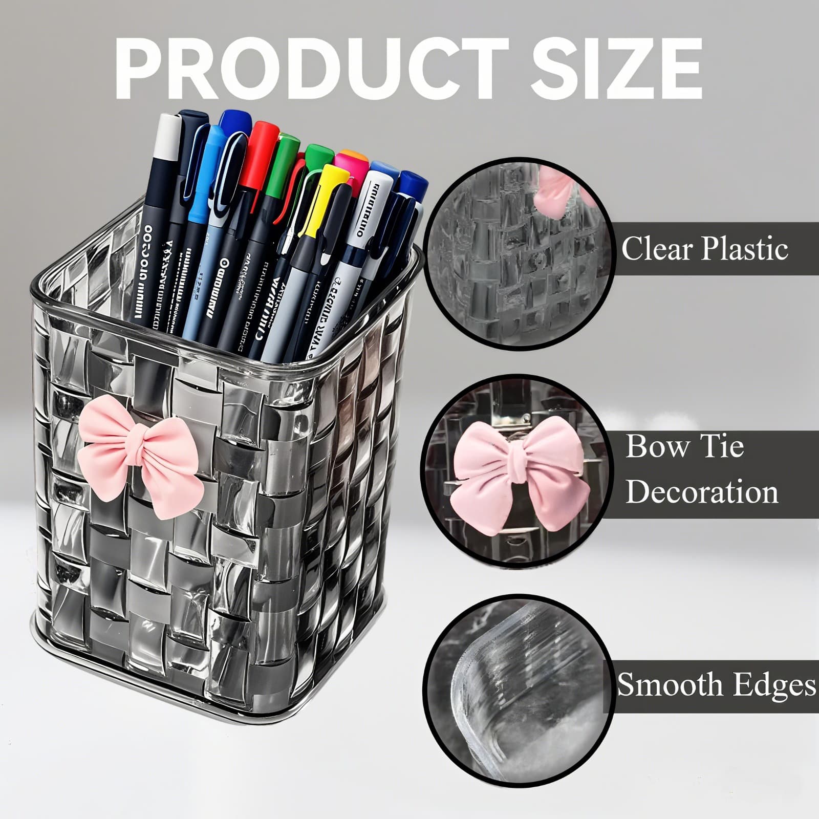 ReignSword Clear Pen Holder for Rattan Weaving Shape, Pen Organizer with Bow Decoration for Home and Office (Black) - 2