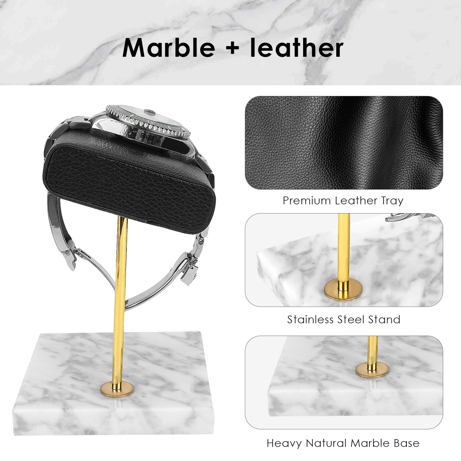 ReignSword Vegan Leather Watch Display Stand Holder, Single Watch Holder Watch Stand, Watch Holder with Marble Base (White) - 2