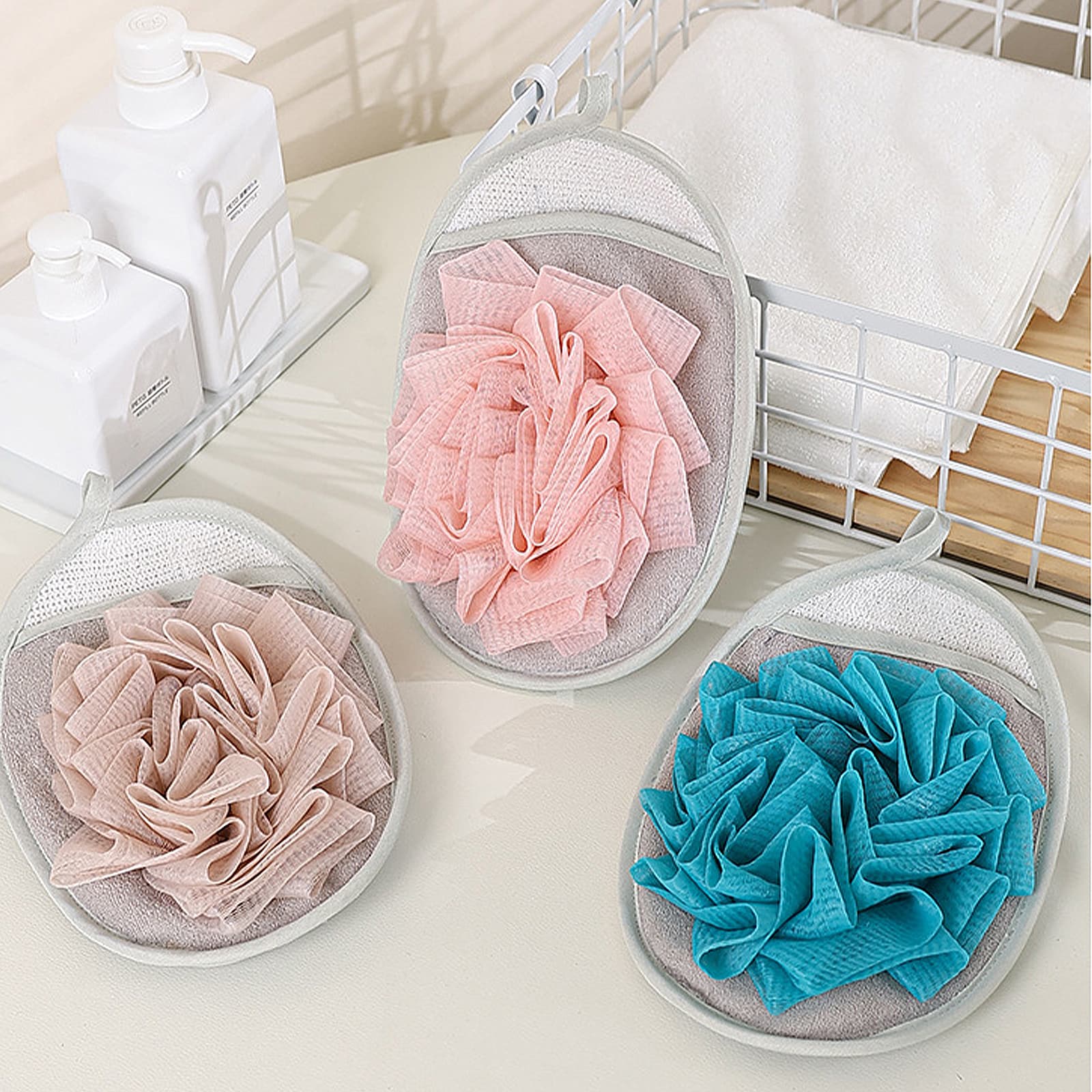 ReignSword 3 Pack Bath Shower Pouf Sponge, Mesh Brush Bath Shower Glove with Flower Bath Ball, Exfoliating Body Sponge Pad for Women - 3