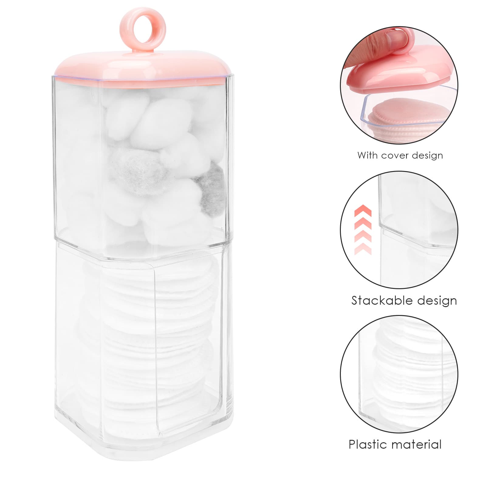 ReignSword Double Layer Cotton Swab Holder Dispenser, Plastic Storage Containers with Lid for Bathroom Vanity Countertop, Clear Bathroom Canisters for Cotton Swab, Ball, Cotton Pad (Pink) - 1