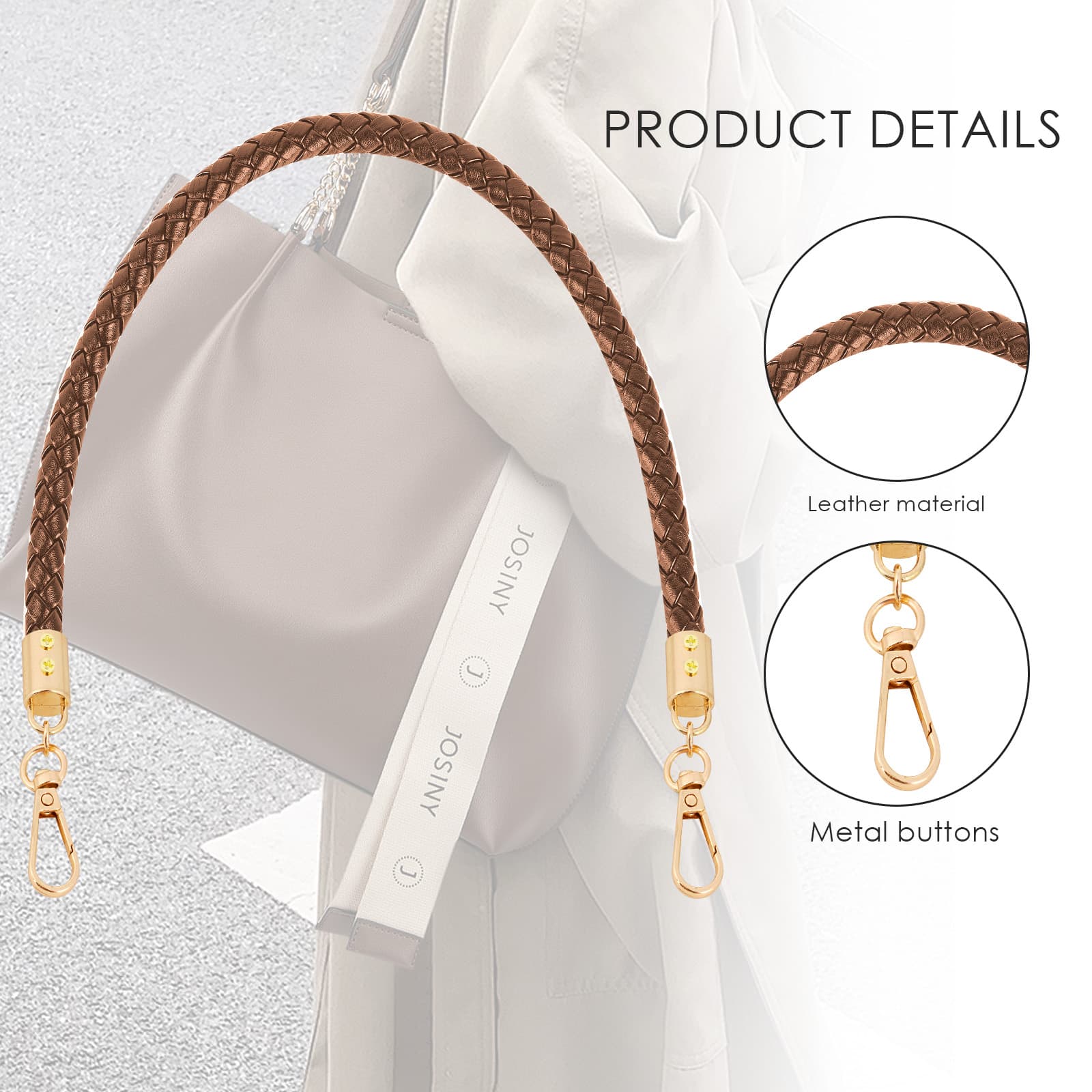 ReignSword Vegan Leather Purse Strap, 2 Pcs Braided Purse Replacement Handle for Women's Shoulder Bag, Handbag Handles (Brown, Gold Hook) - 2