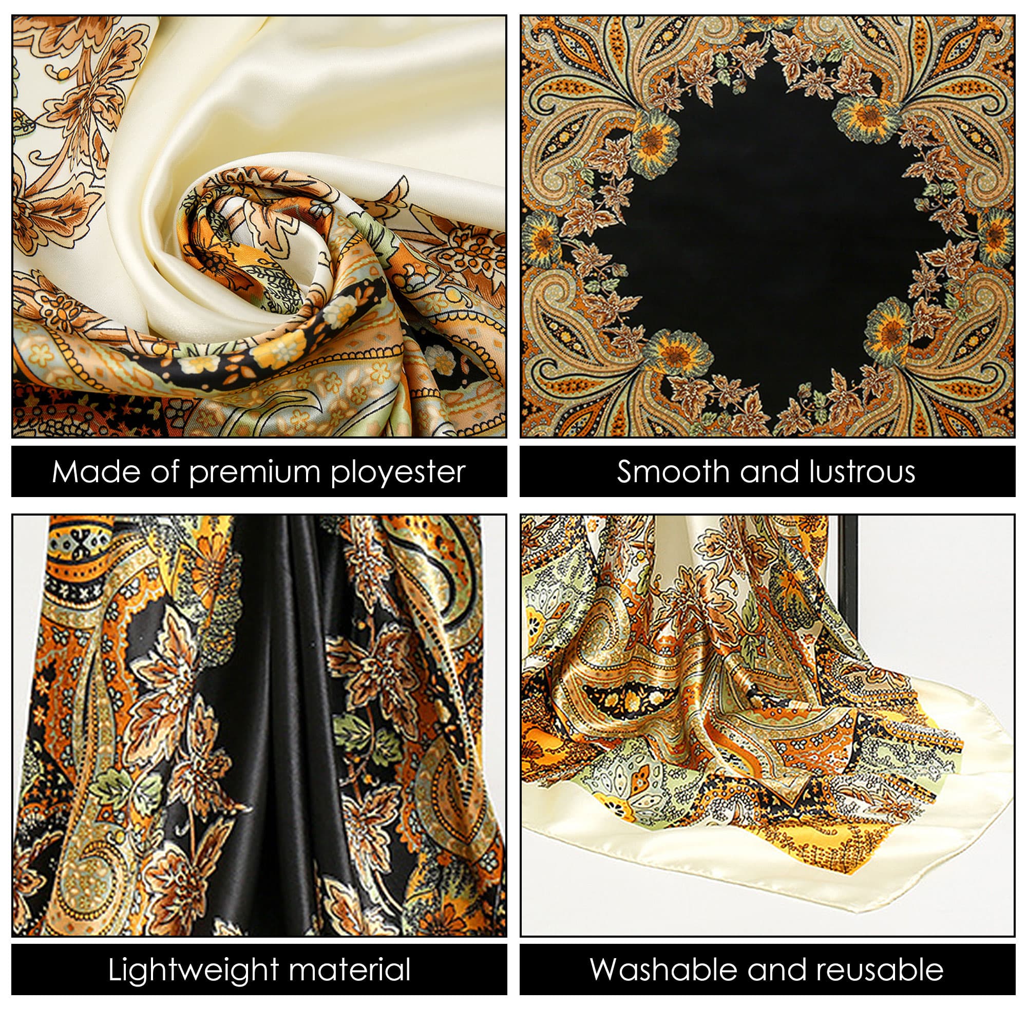 ReignSword 35” Large Square Head Scarf for Women, 2 Pcs Like Silk Hair Fashion Scarves, Silk Bandana Scarf for Hair Wrapping (Beige, Yellow Black) - 2