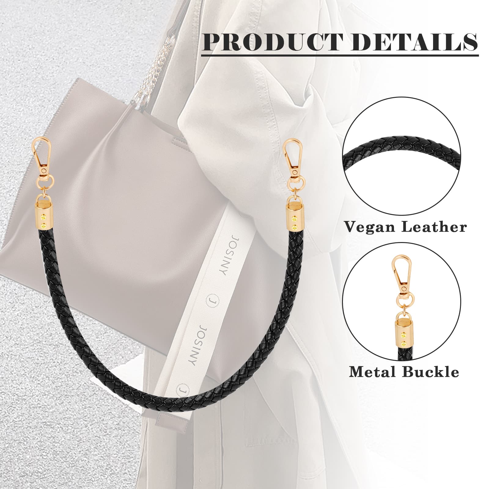 ReignSword Vegan Leather Purse Strap, 2 Pcs Vegan Leather Braided Purse Replacement Handle for Women's Shoulder Bag, Handbag Handles (Black, Gold Hook) - 3