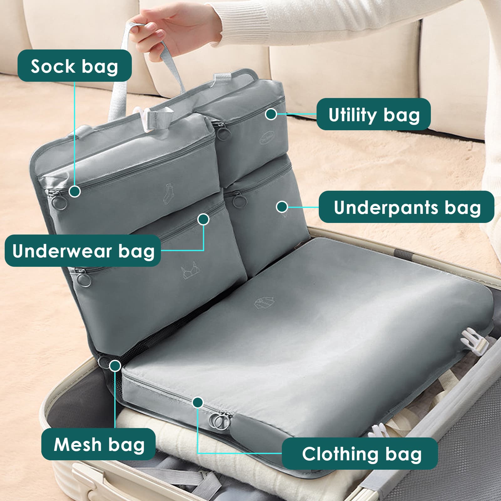 ReignSword Garment Bags for Travel, Foldable Carry on Travel Duffel Bag for Women, Hanging Weekender Overnight Bag for Clothes, Socks, Underwear, Panties (Grey) - 3
