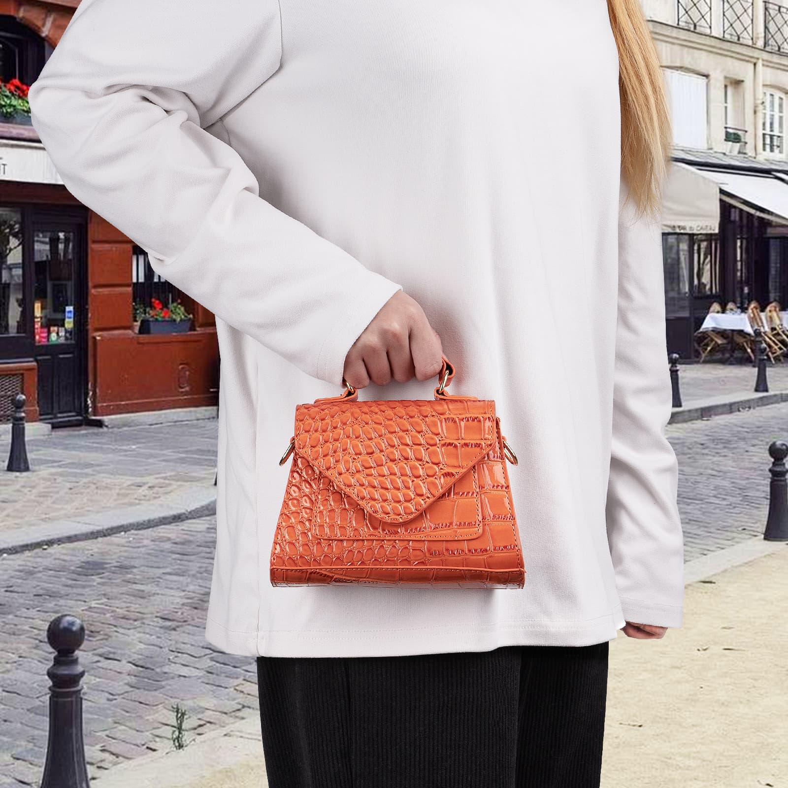 ReignSword Small Crossbody Bags for Women, Vegan Leather Crocodile Pattern Mini Purse, Trendy Clutch Top Handle Shoulder Handbag (Not Compatible with Phone) (Orange) - 3