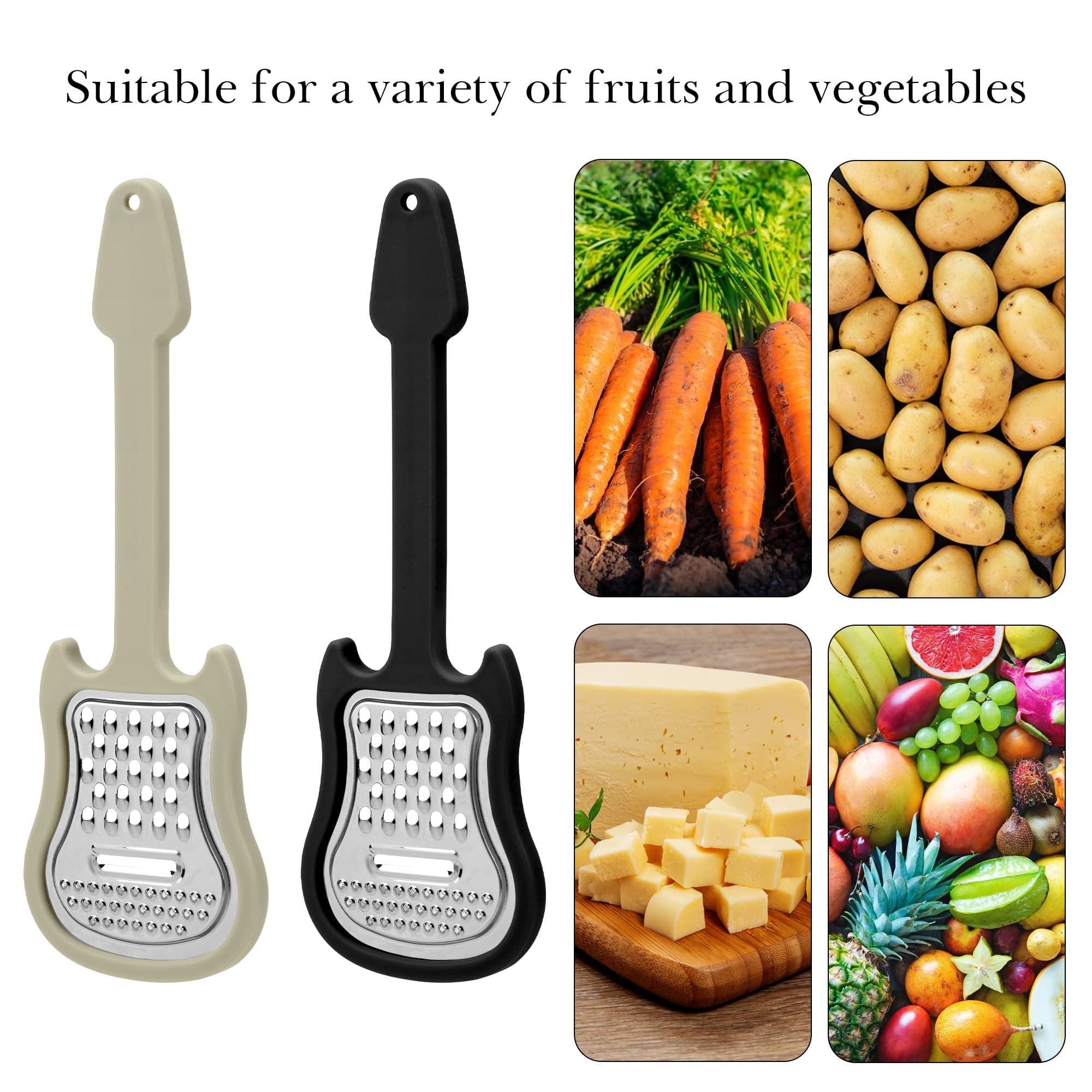 ReignSword 2 Pack Cheese Grater Handheld, Stainless Steel Hand Held Shredder, Multi-Functional Guitar Shaped Kitchen Food Grater Tool for Cheese, Vegetables, Fruit, Salad (Black, Gray) - 5