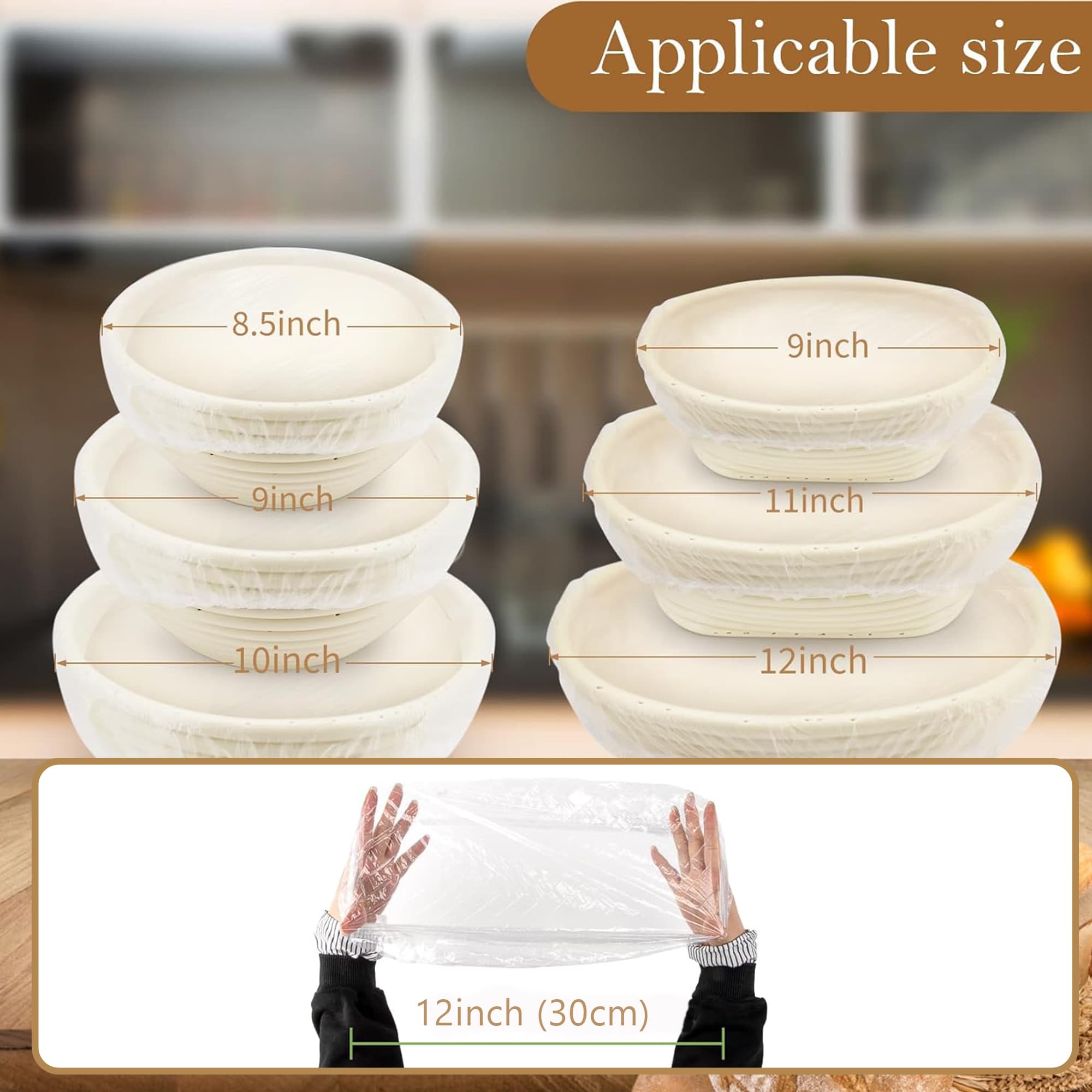 ReignSword 200 Pcs Disposable Banneton Bread Proofing Basket Liner, Non Stick Dough Bowl Cover, Elastic Plastic Food Wraps for Rising Sourdough Supplies and Freshness Preservation - 1