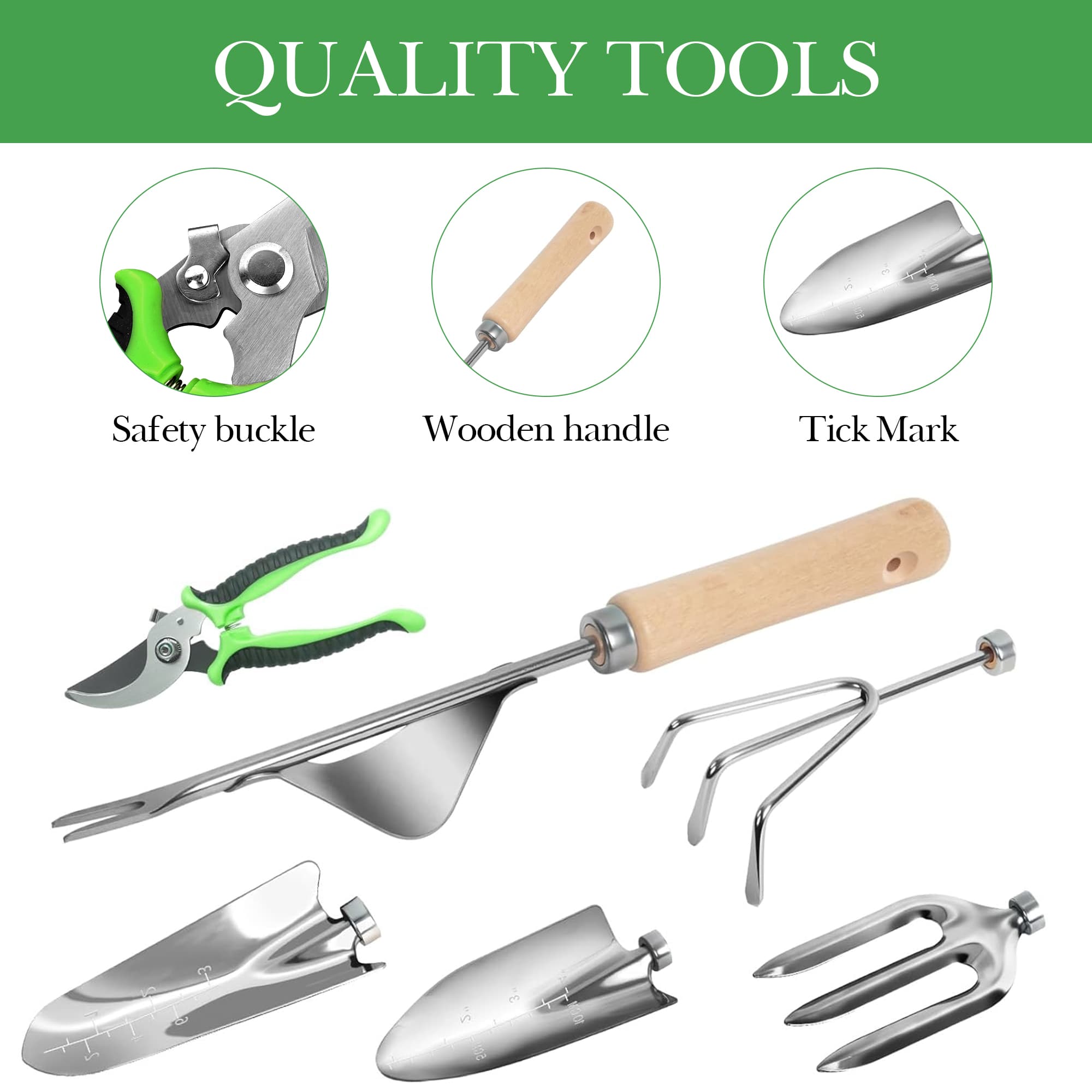 ReignSword Gardening Tools Set, 9 Piece Set Heavy Duty Gardening Hand Tools with Storage Bag, Repotting Mat and Greeting Card, Ideal Gifts for Women & Men - 6