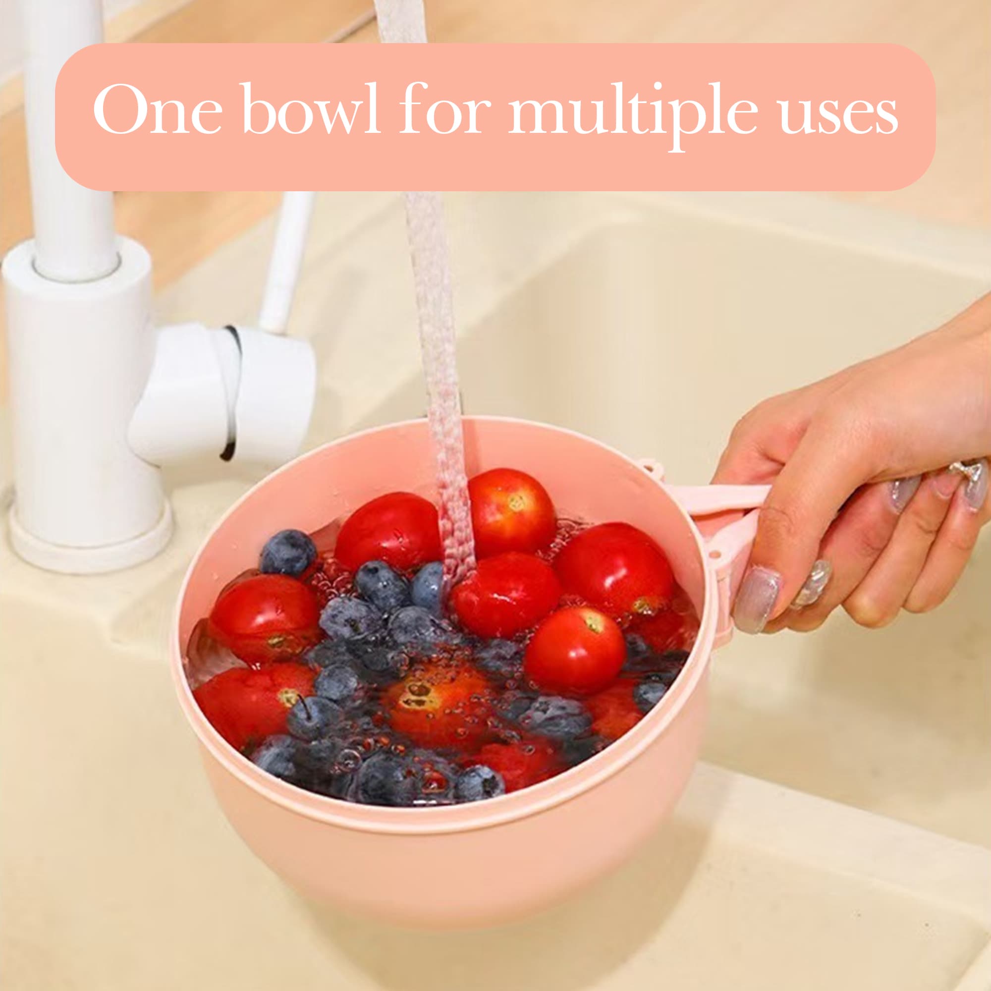 ReignSword Multipurpose Drain Basket with Lid, 2 in 1 Draining and Preservation Basket, Fruit Drainer Container with Fine Holes and Handle for Refrigerator, Kitchen Sink (Pink) - 3