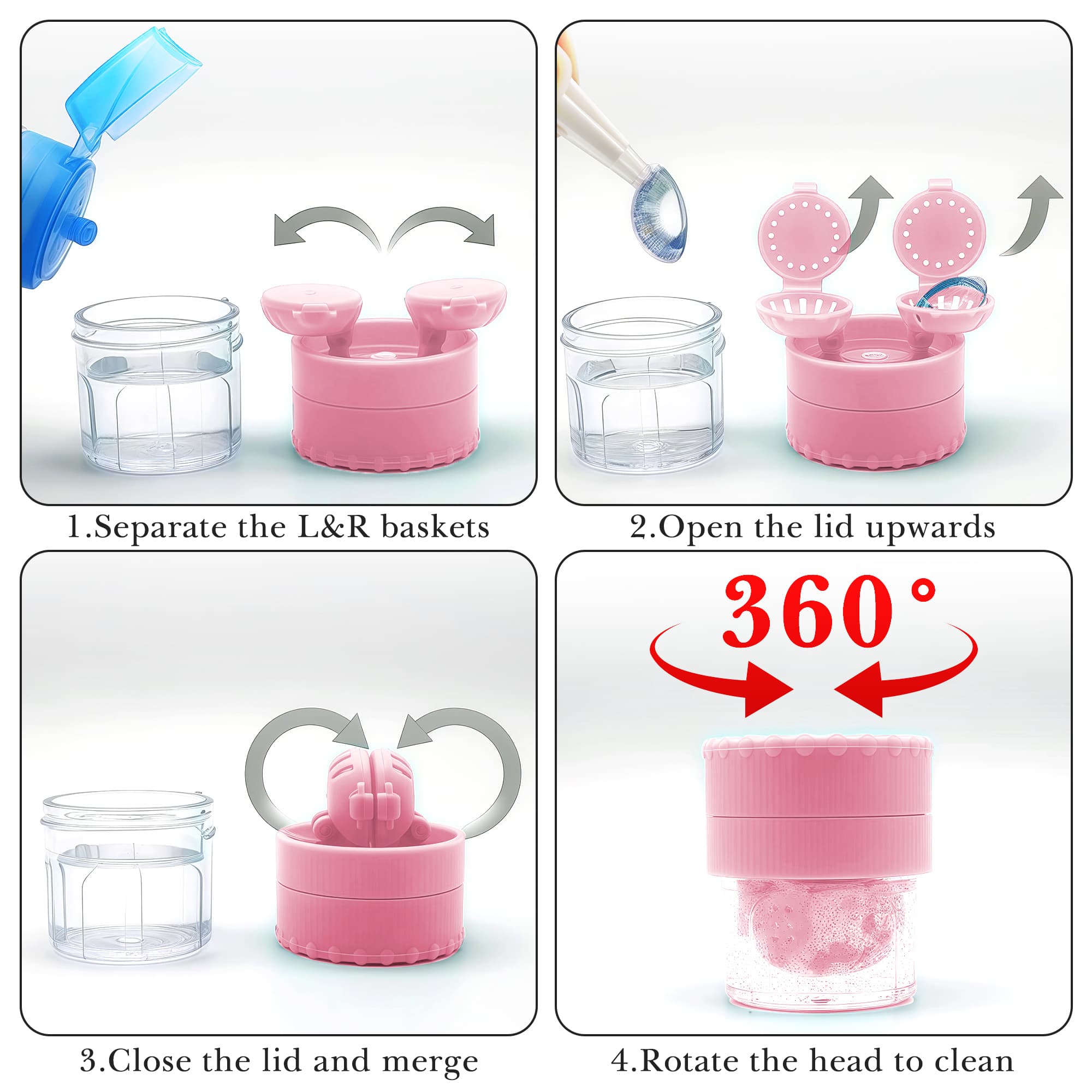 ReignSword 2 Pack Contact Lens Case with Manual Cleaner, Portable Travel Contact Cases Kit with Mirror for Daily & Outdoor Use,  Includes Solution Bottle Tweezers Cleaning Tool (Pink & Blue) - 4