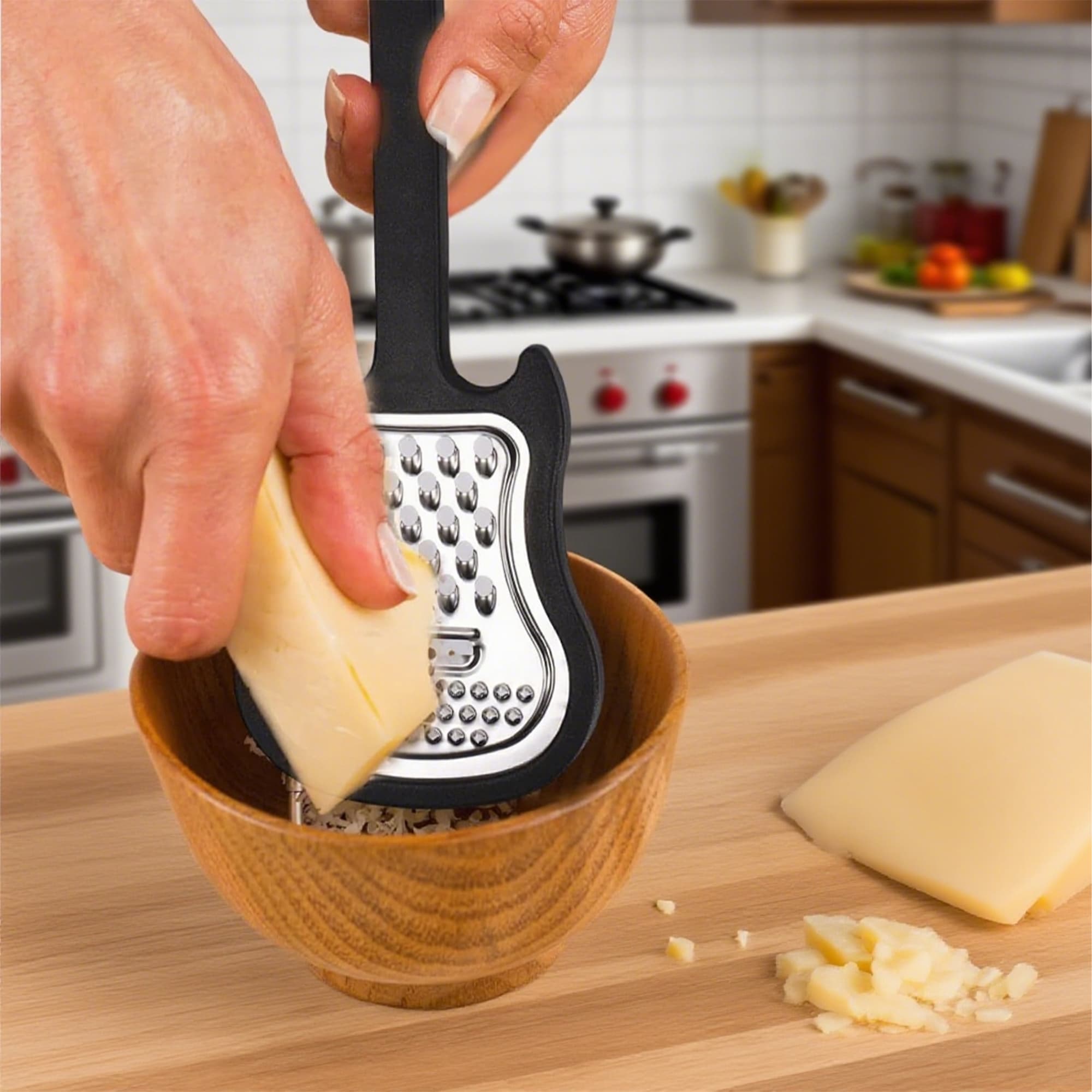 ReignSword 2 Pack Cheese Grater Handheld, Stainless Steel Hand Held Shredder, Multi-Functional Guitar Shaped Kitchen Food Grater Tool for Cheese, Vegetables, Fruit, Salad (Black, Gray) - 4