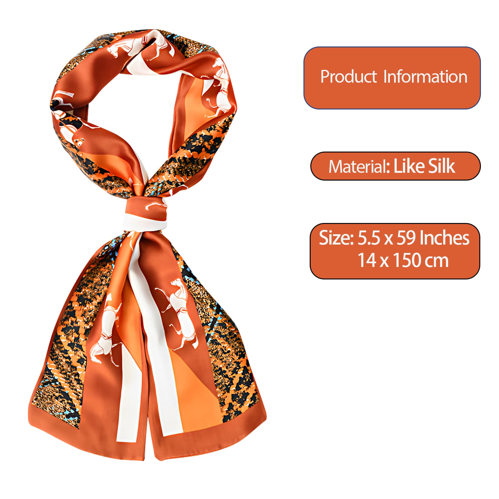 ReignSword Like Silk Neck Head Scarf for Women, Fashion Printed Neck Wrap, Hair Tie and Handbag Accessory, Lightweight Breathable 5.5 x 59 Inch Long Scarf (2 Pcs, Style Mix B) - 4