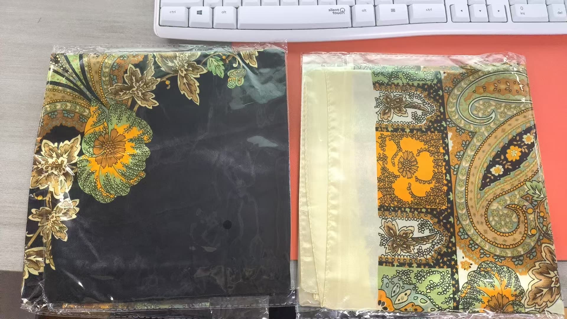 ReignSword 35” Large Square Head Scarf for Women, 2 Pcs Like Silk Hair Fashion Scarves, Silk Bandana Scarf for Hair Wrapping (Beige, Yellow Black) - 6