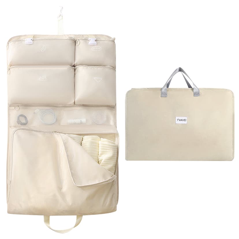 ReignSword Garment Bags for Travel, Foldable Carry on Travel Duffel Bag for Women, Hanging Weekender Overnight Bag for Clothes, Socks, Underwear, Panties (Off White)