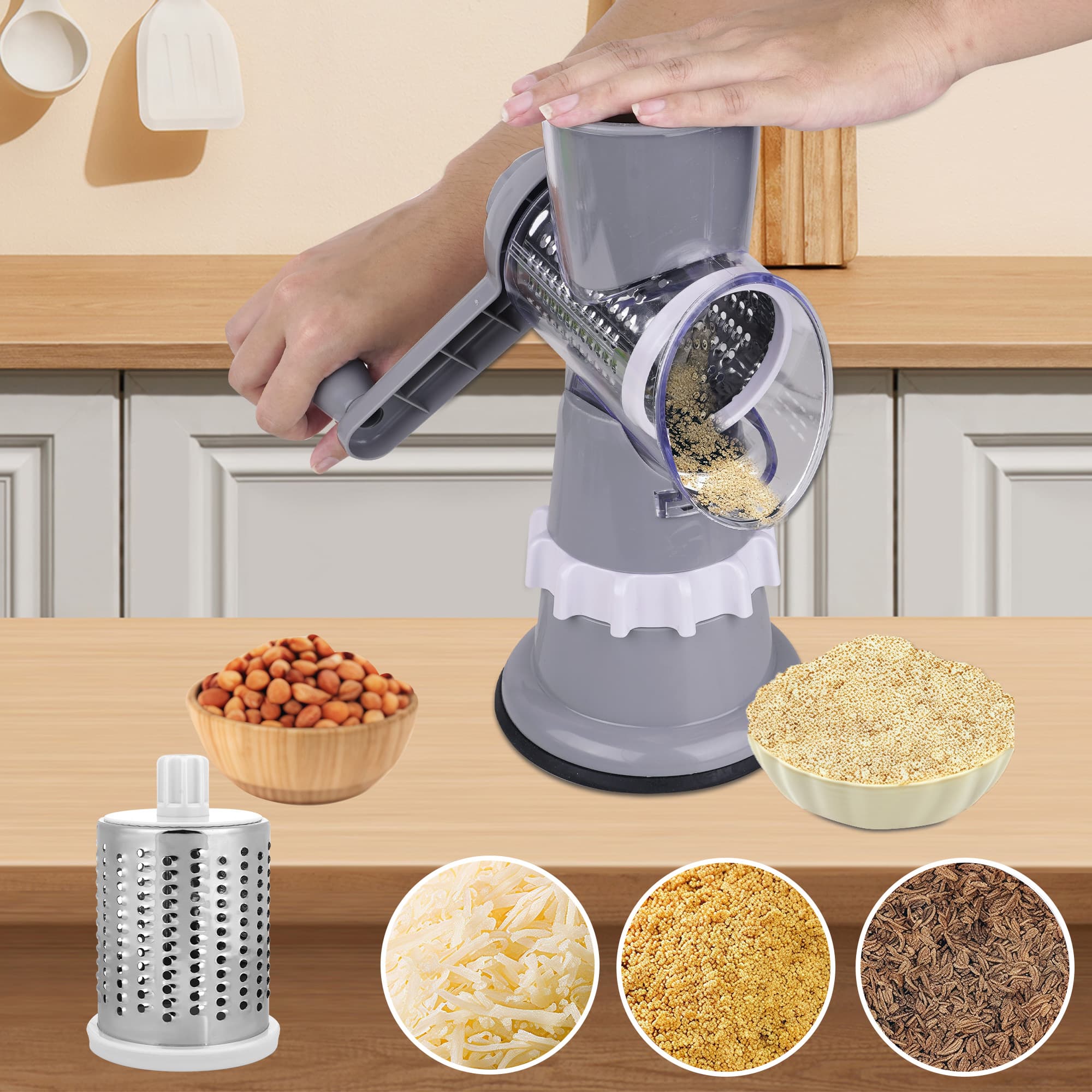 ReignSword Rotary Cheese Grater Hand Crank with Peeler, Cheese Shredder with 3 Stainless Steel Changeable Blades, Kitchen Food Slicer with Non-Slip Suction Base for Cheese Fruit Vegetables Nuts (Gray) - 5