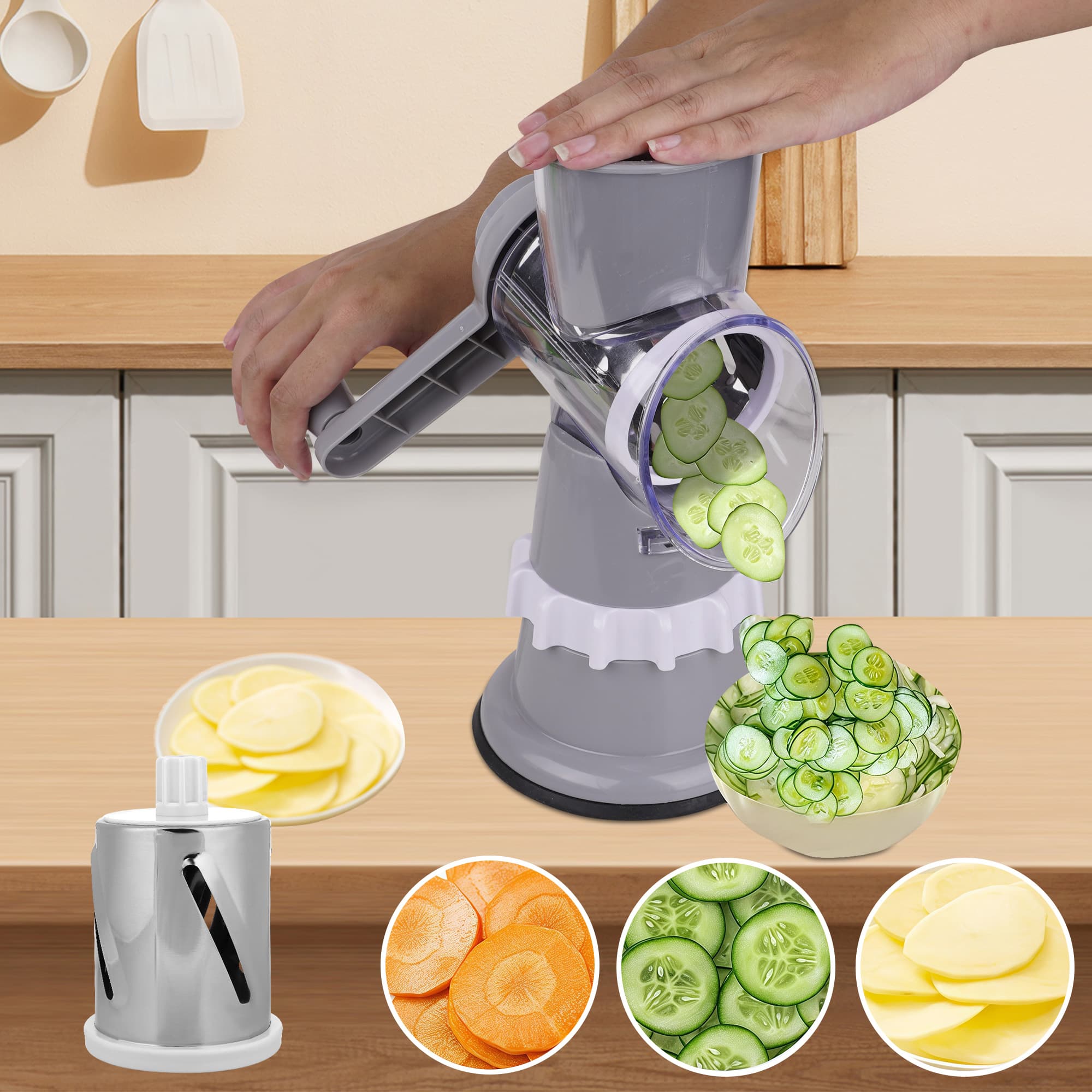 ReignSword Rotary Cheese Grater Hand Crank with Peeler, Cheese Shredder with 3 Stainless Steel Changeable Blades, Kitchen Food Slicer with Non-Slip Suction Base for Cheese Fruit Vegetables Nuts (Gray) - 6