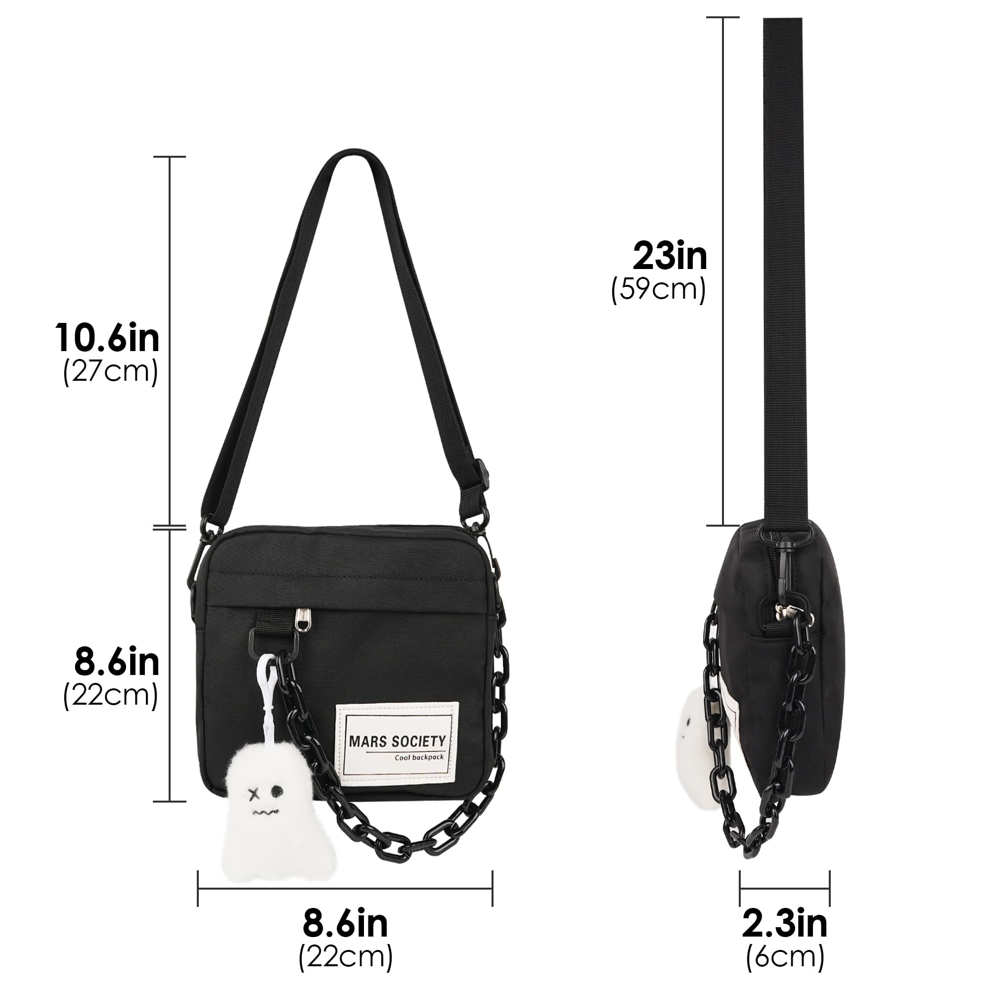 ReignSword Small Crossbody Messenger Bag for Women Men, Cute Nylon Shoulder Purse Bag with Detachable Ghost Pendant, Black - 1