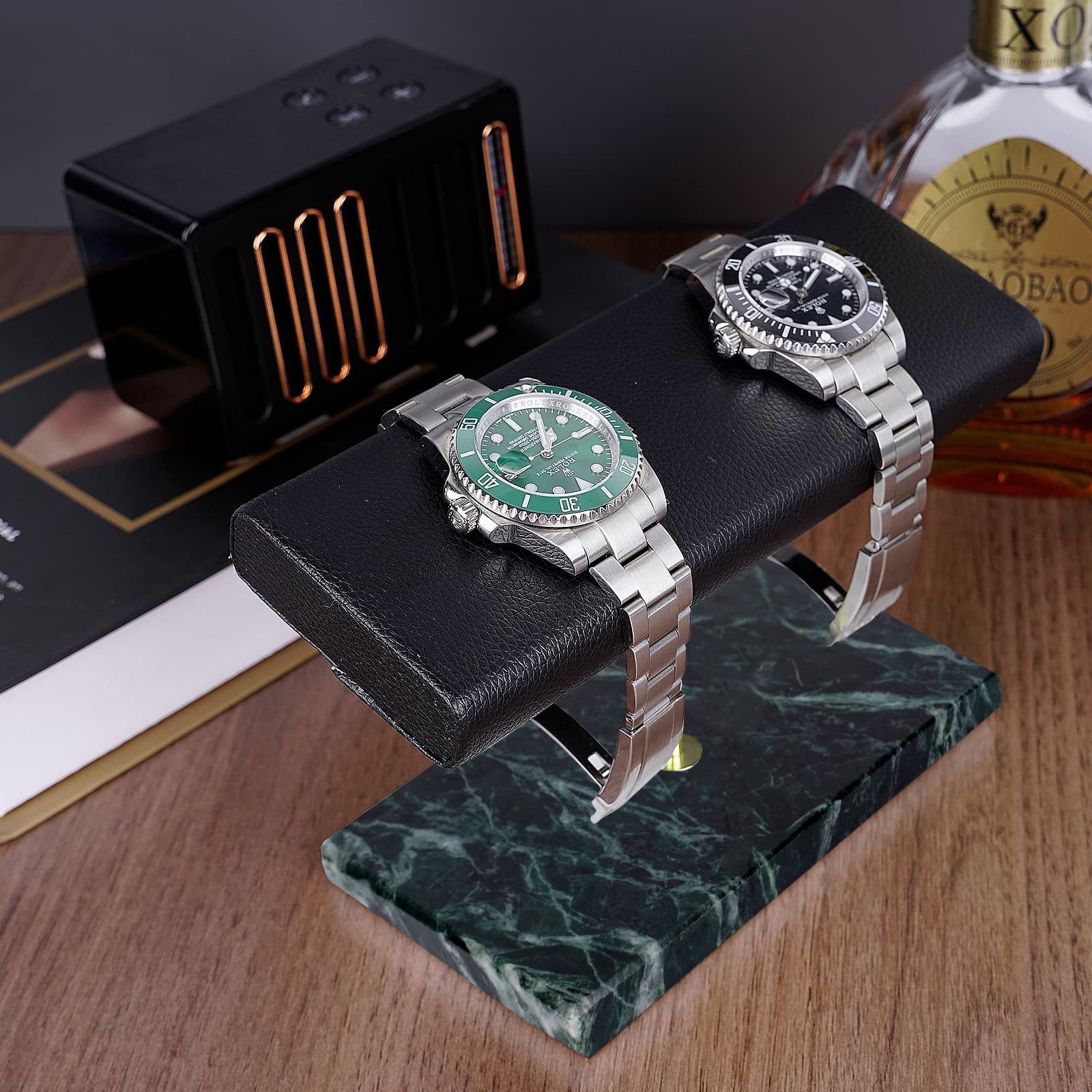 ReignSword Watch Stand with Marble Base, Vegan Leather Watch Stand, Wrist Watch Display Organizer Holder for Men and Women (Green) - 4