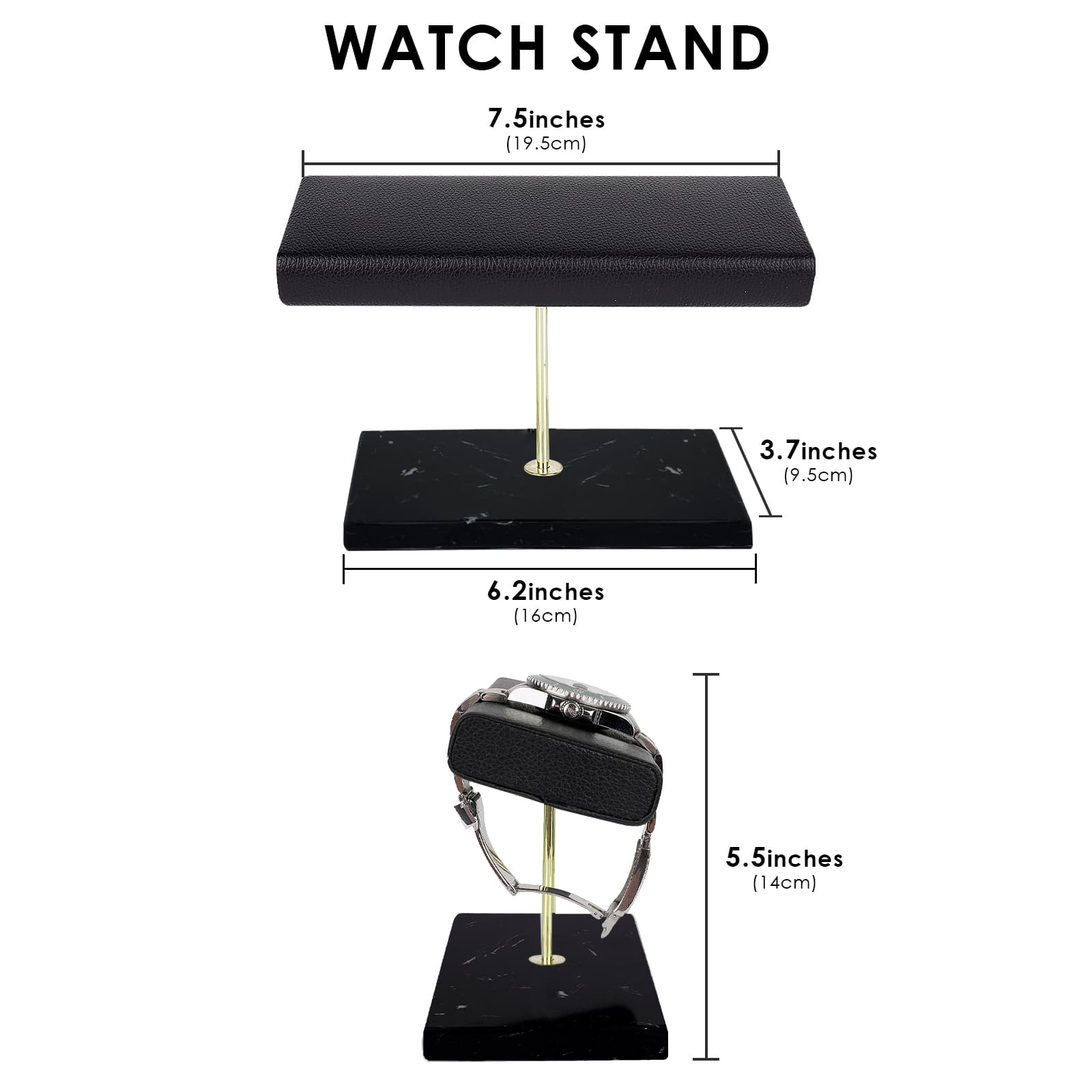 ReignSword Watch Stand with Marble Base, Vegan Leather Watch Stand, Wrist Watch Display Organizer Holder for Men and Women (Black) - 1