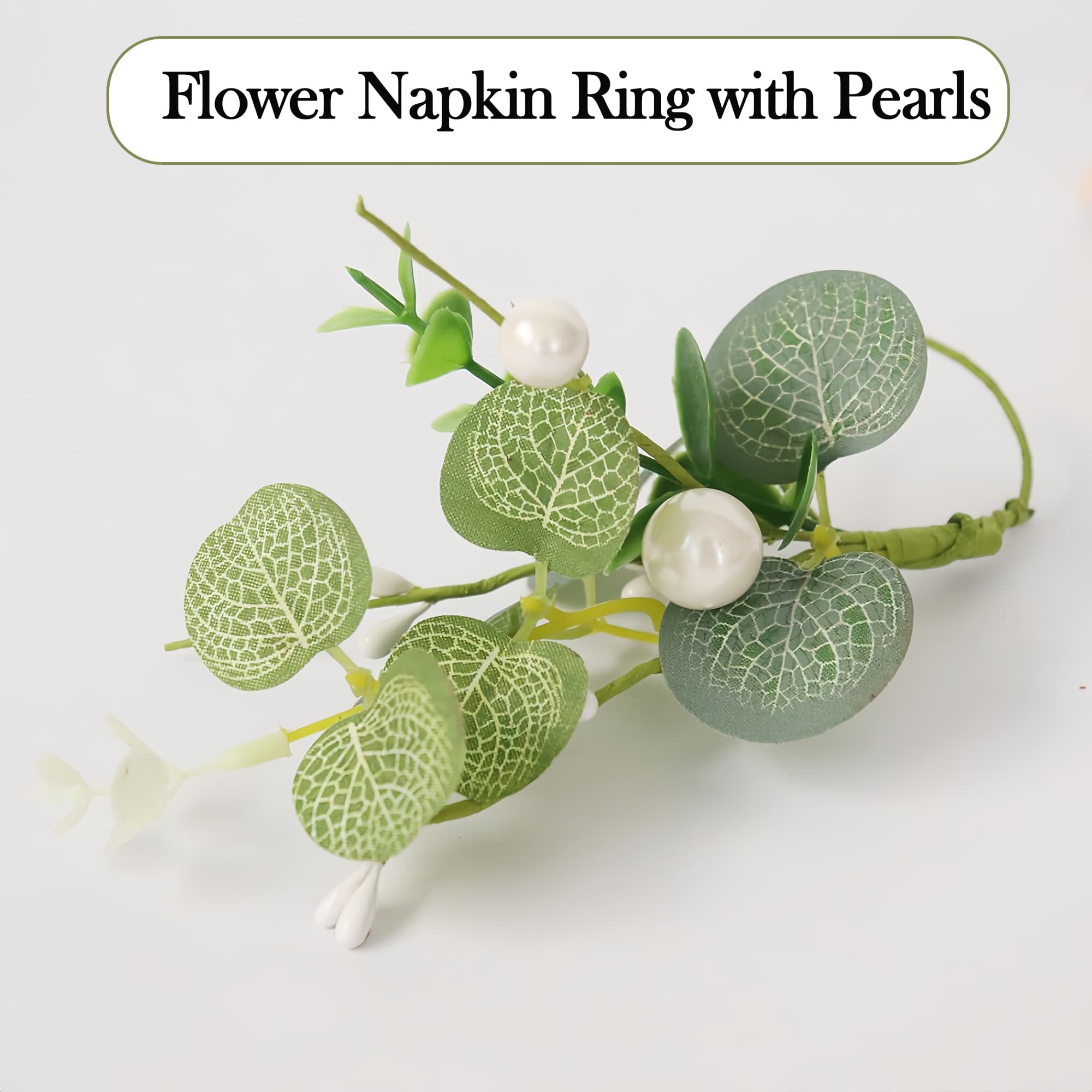 ReignSword Napkin Rings Set of 12, Eucalyptus Leaf Napkin Rings for Dining Table Decoration, Flower Napkins Rings Holder with Pearl for Farmhouse, Wedding Banquet Family Spring Banquet - 1