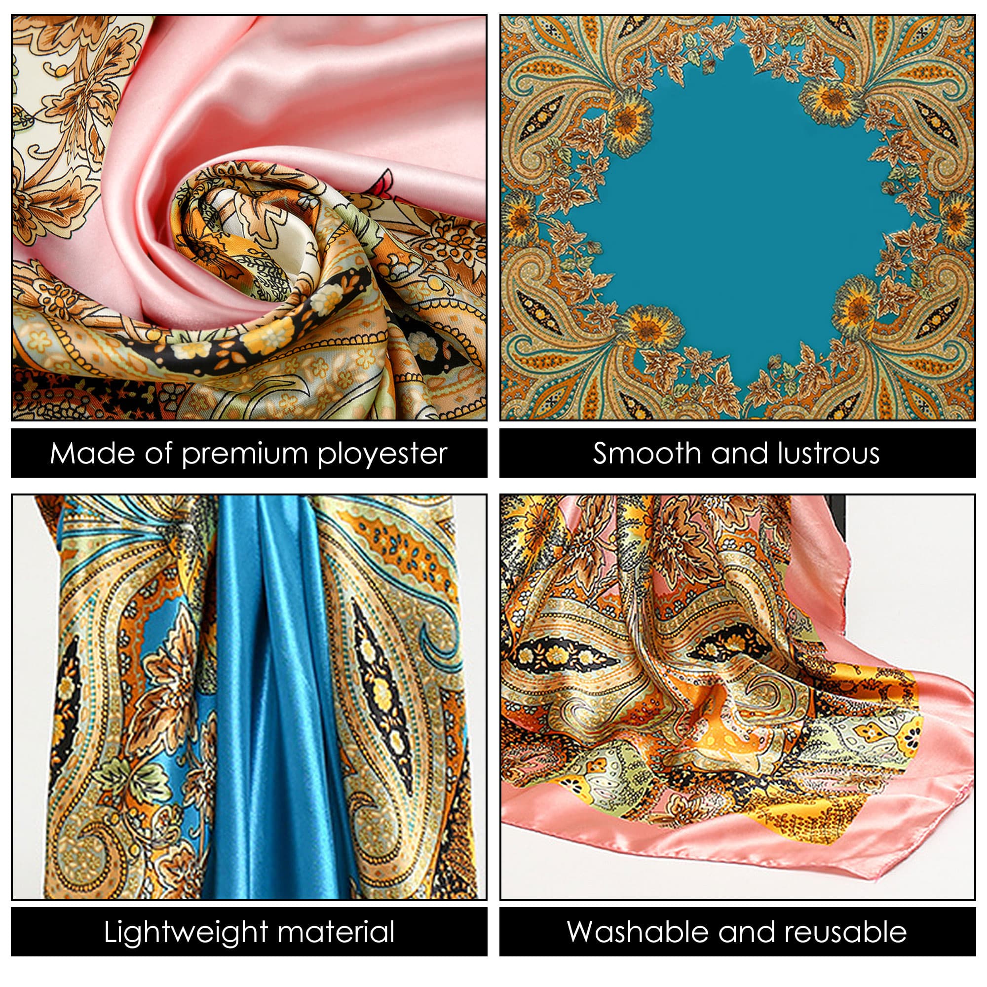 ReignSword 35” Large Square Head Scarf for Women, 2 Pcs Like Silk Hair Fashion Scarves, Silk Bandana Scarf for Hair Wrapping (Pink, Blue) - 2