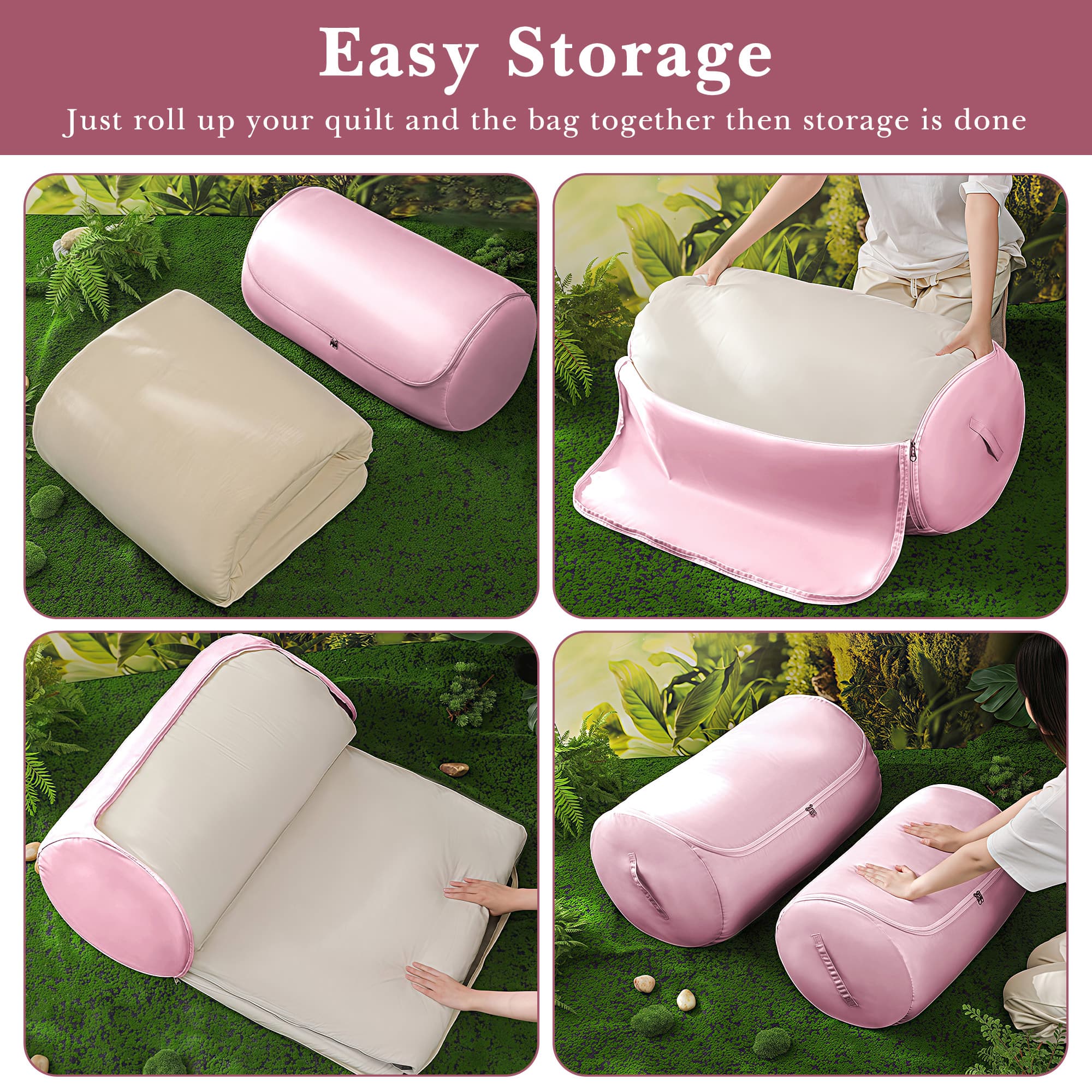 ReignSword 2 Pcs Large Capacity Storage Bag, Waterproof Bedding Organizer Bag with Zipper and Handle, Portable Container for Closet Comforter (Pink) - 4