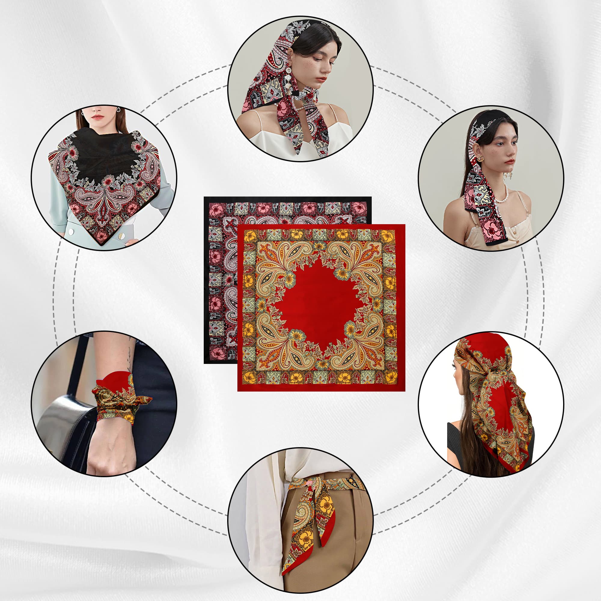 ReignSword 35” Large Square Head Scarf for Women, 2 Pcs Like Silk Hair Fashion Scarves, Silk Bandana Scarf for Hair Wrapping (Red, Red Black) - 1