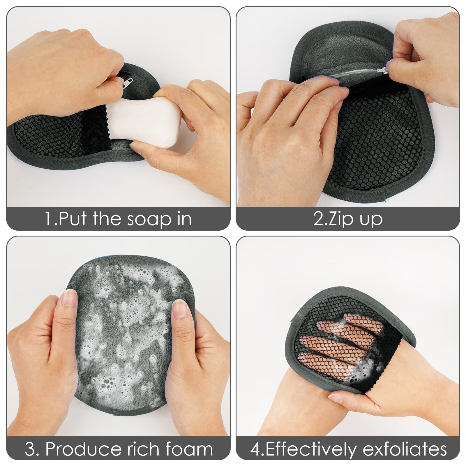 ReignSword 2 Pack Velvet Soap Bag, Foaming and Drying The Soap, Shower Bar Soap Pouch Scrubber for Boys & Girls (Grey) - 2