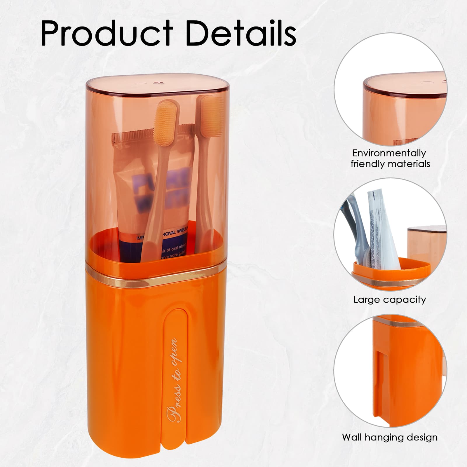 ReignSword Toothbrush Travel Case, Portable Toothbrush Toothpaste Container with Mouthwash Cup, Wall Mounted Toobrushbrush Holder for Bathroom, Camping, Gym (Orange) - 2