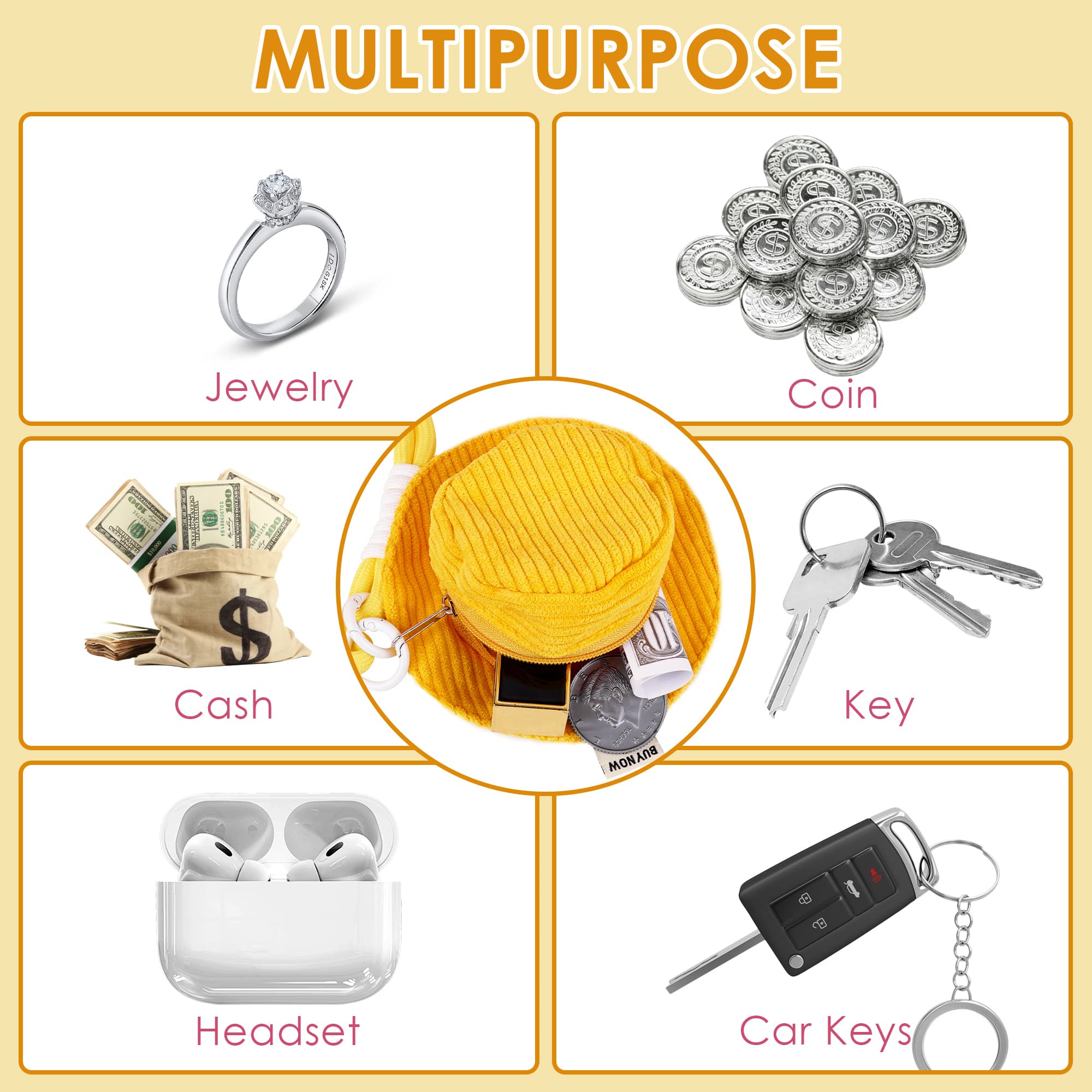 ReignSword Corduroy Coin Purse with KeyChain, Cute Fisherman Hat Keychain for Women, Portable Mini Wallet Suitable for Coin Headphones (Yellow) - 3