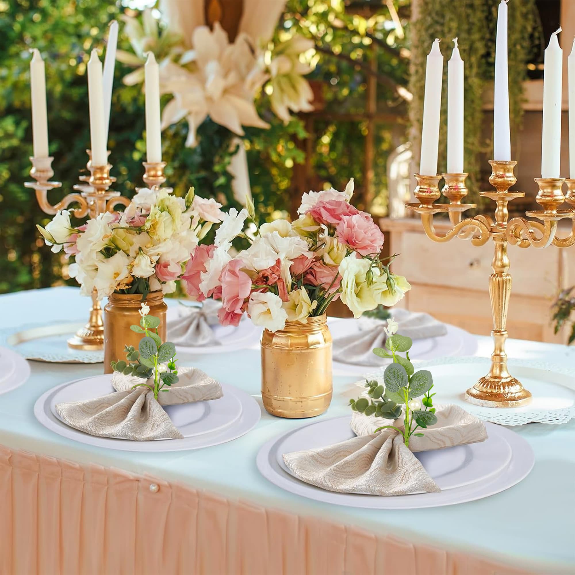 ReignSword Napkin Rings Set of 12, Eucalyptus Leaf Napkin Rings for Dining Table Decoration, Flower Napkins Rings Holder with Pearl for Farmhouse, Wedding Banquet Family Spring Banquet - 5