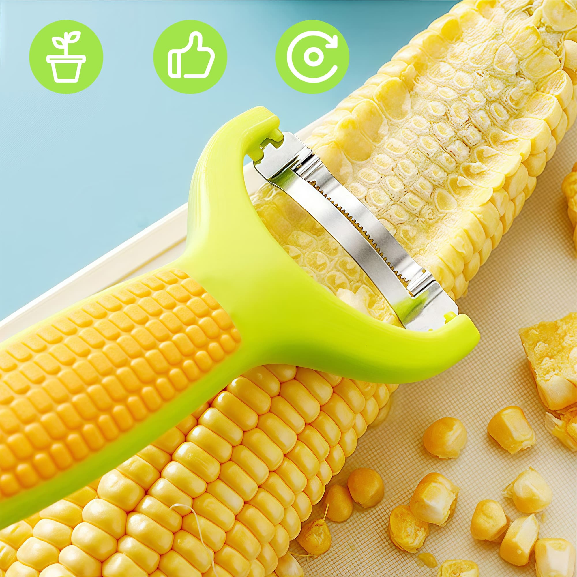 ReignSword 2 Pack Pepper Corer and Corn Peeler Set, Quick Deseeding & Cob Stripping Gadget, Bell Pepper Corer Seed Remover and Corn Thresher Kitchen Tool (Green, Beige) - 4
