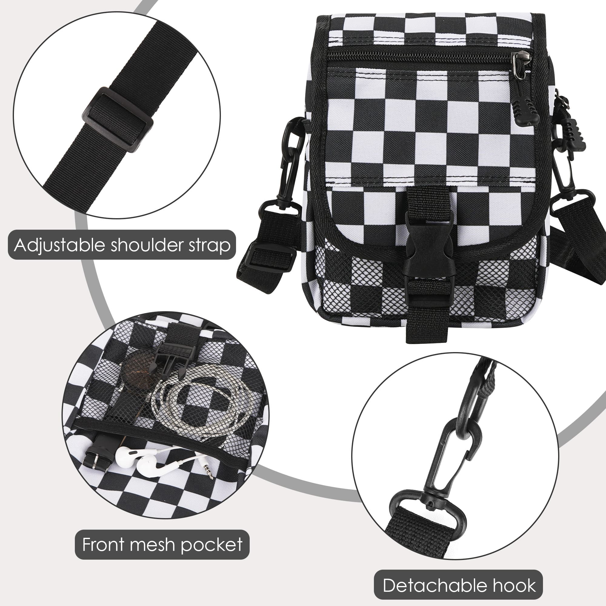 ReignSword Mini Crossbody Bags for Men Women, Small Messenger Bag Shoulder Pouch, Adjustable Crossbody Sling Bag Purse for Travel Sports (Checkered) - 2