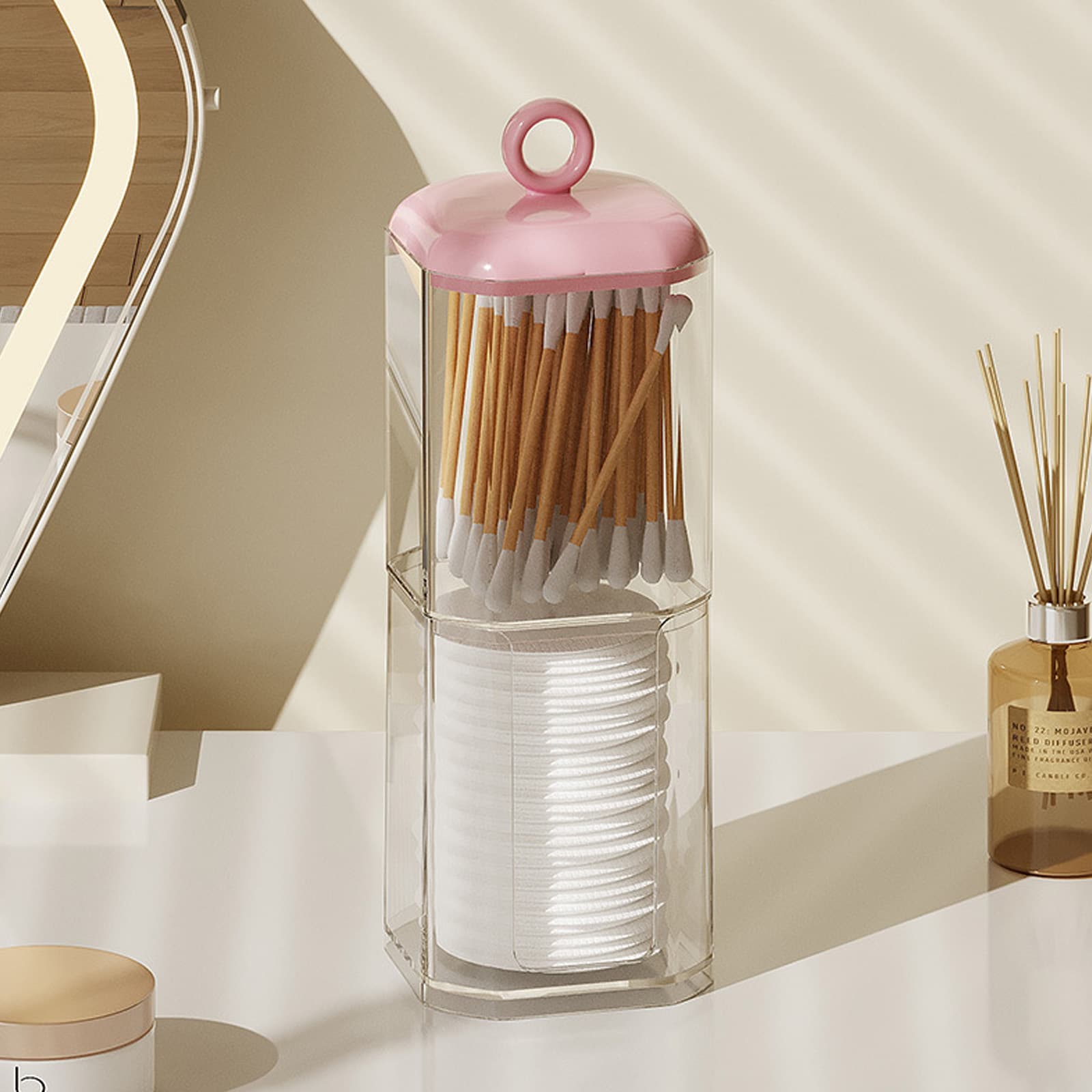 ReignSword Double Layer Cotton Swab Holder Dispenser, Plastic Storage Containers with Lid for Bathroom Vanity Countertop, Clear Bathroom Canisters for Cotton Swab, Ball, Cotton Pad (Pink) - 5