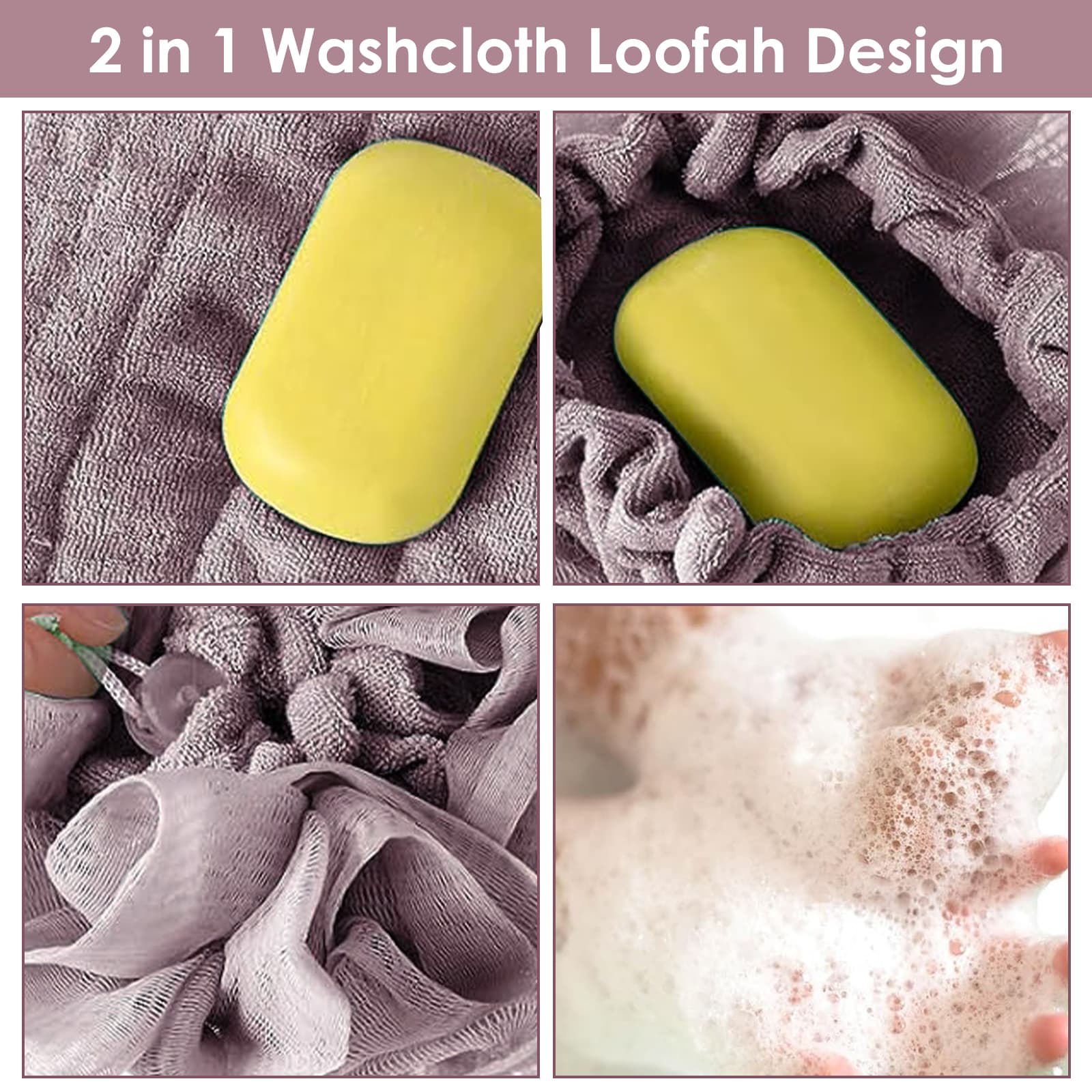 ReignSword 3 Pack 2-in-1 Washcloth Loofah Combo, Exfoliation Bath Loofah Sponge with Drawstring, Mesh Shower Ball for Body Wash and Cleanse Skin (Khaki+Brown+Pink) - 4