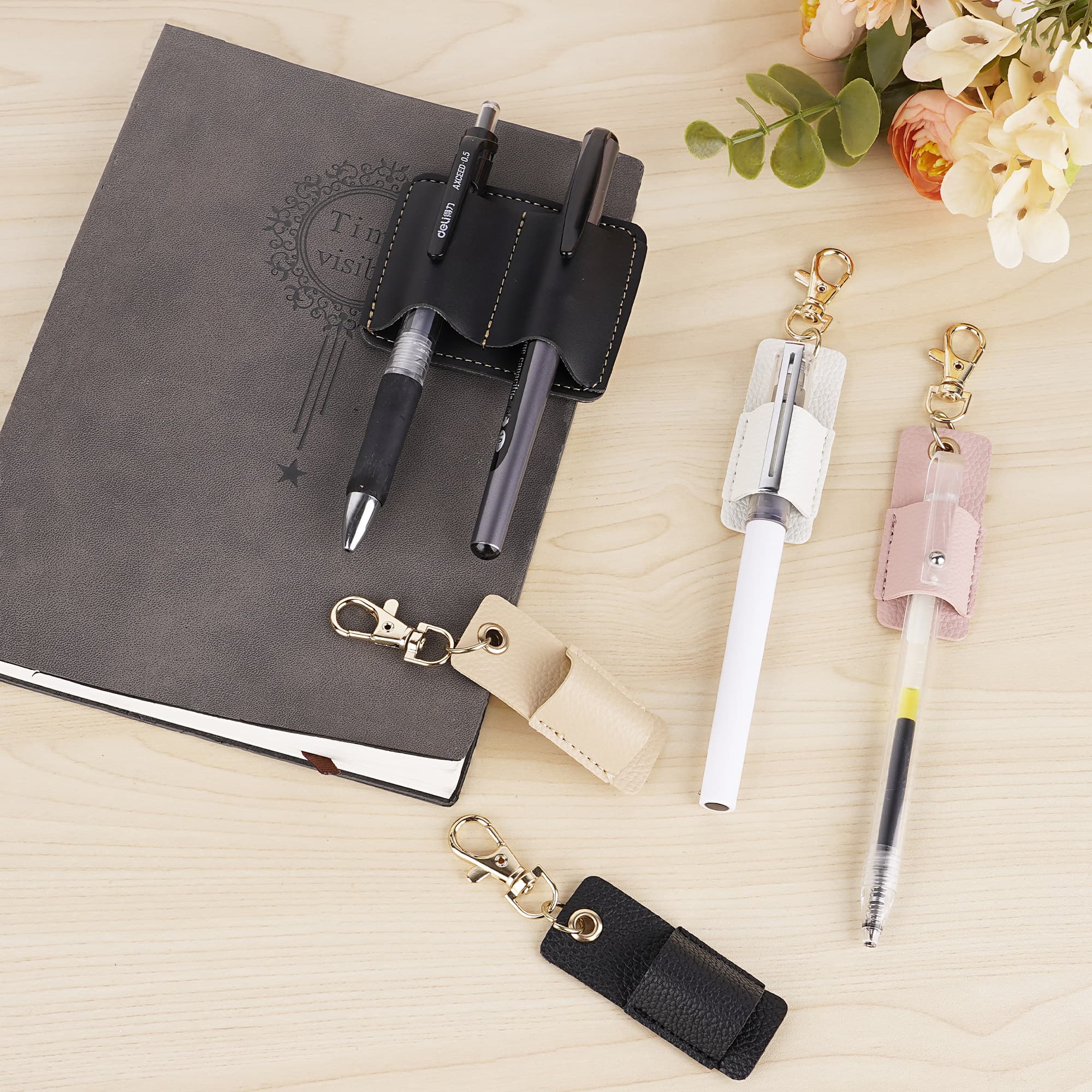 ReignSword Vegan Leather Pen keychain Holder, Double Pen Holder Clip for Notebook, Portable Pen Lanyard for Signature, Ballpoint, Marker Pens - 5