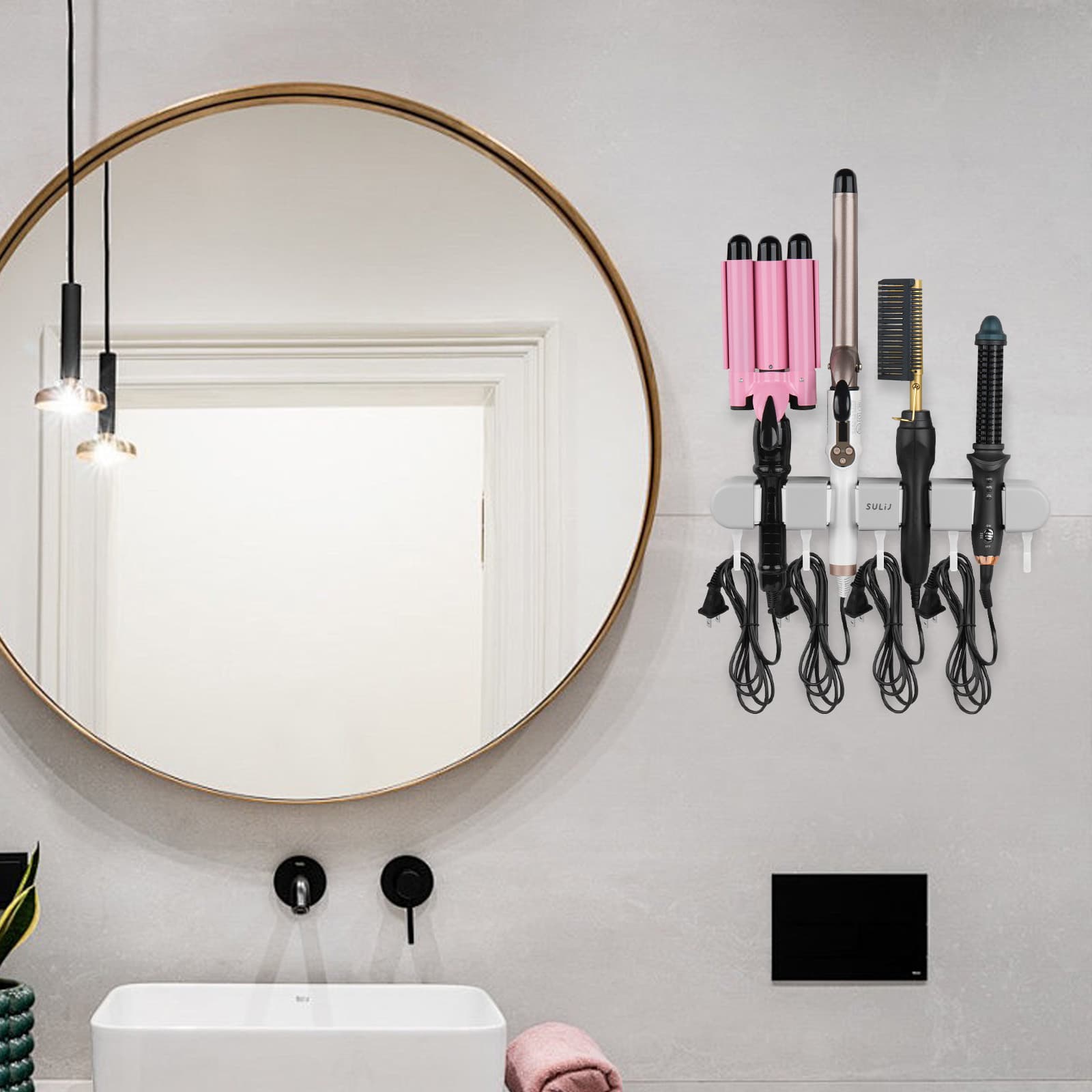 ReignSword Hair Straightener Holder Wall Mounted, Adhesive Curling Iron Holder for Bathroom, 4 Racks and 5 Hooks Hair Tool Organizer for Flat Irons, Curling Wands (Grey) - 5