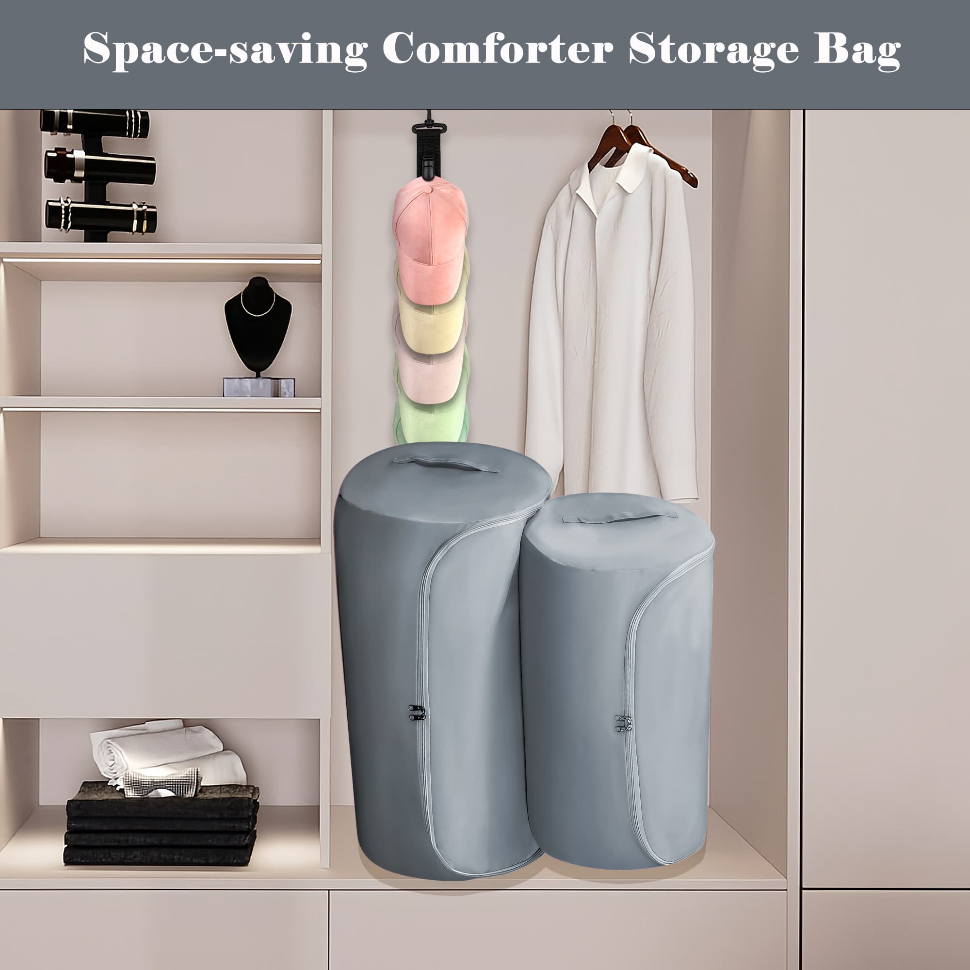 ReignSword 2 Pcs Large Capacity Storage Bag, Waterproof Bedding Organizer Bag with Zipper and Handle, Portable Container for Closet Comforter (Grey) - 5